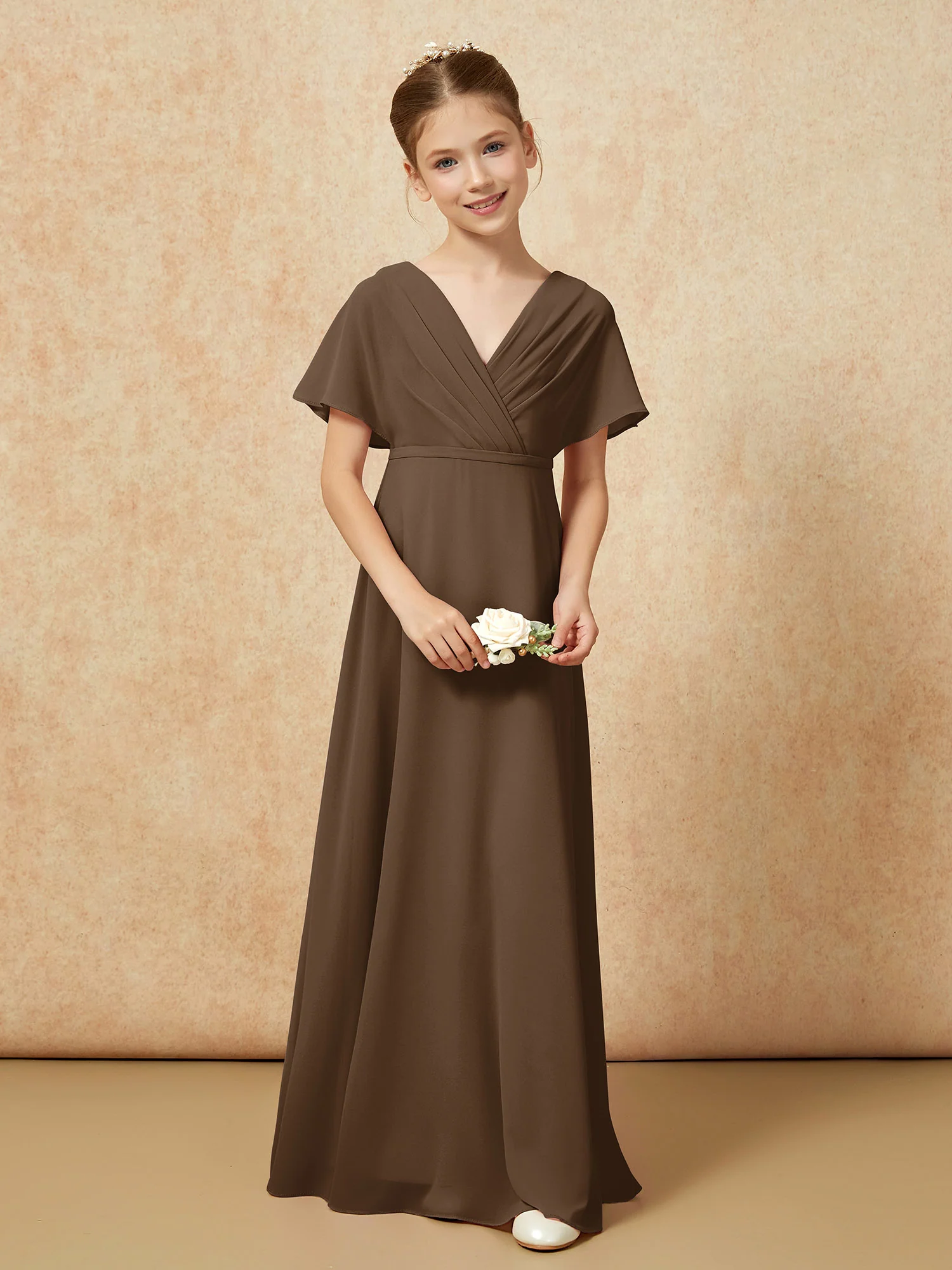 A-Line Flutter Sleeves Chiffon Junior Bridesmaid Dresses Brown - Image 4