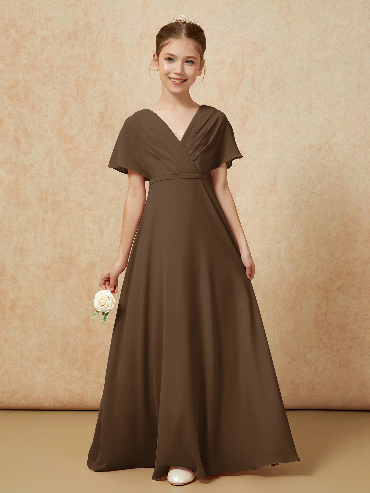 A-Line Flutter Sleeves Chiffon Junior Bridesmaid Dresses Brown - Image 5