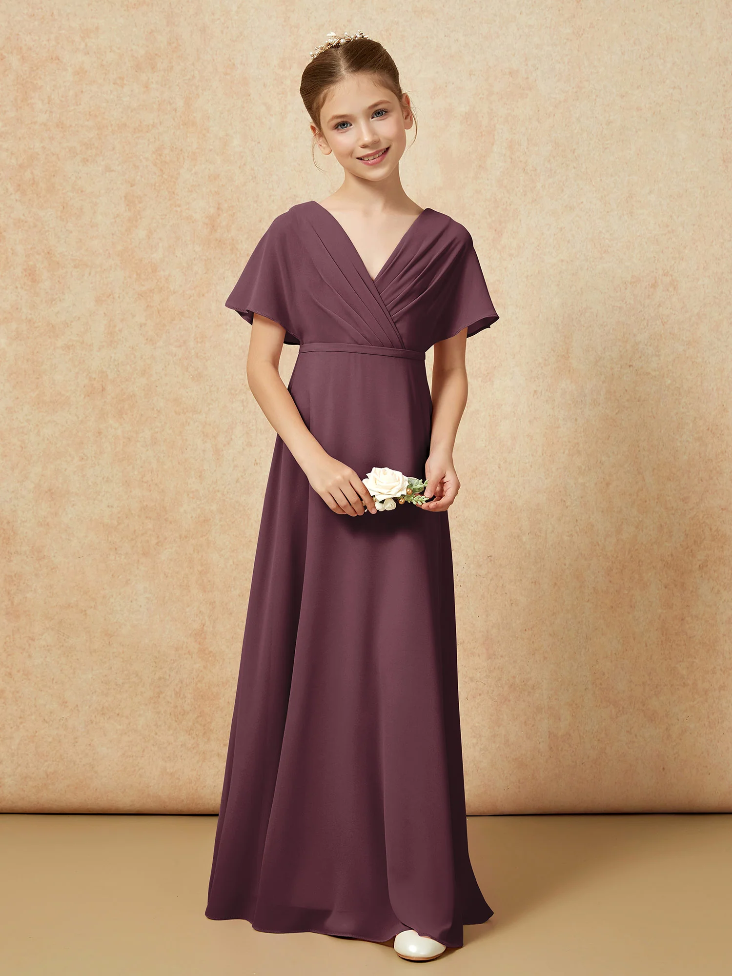 A-Line Flutter Sleeves Chiffon Junior Bridesmaid Dresses Cabernet - Image 4