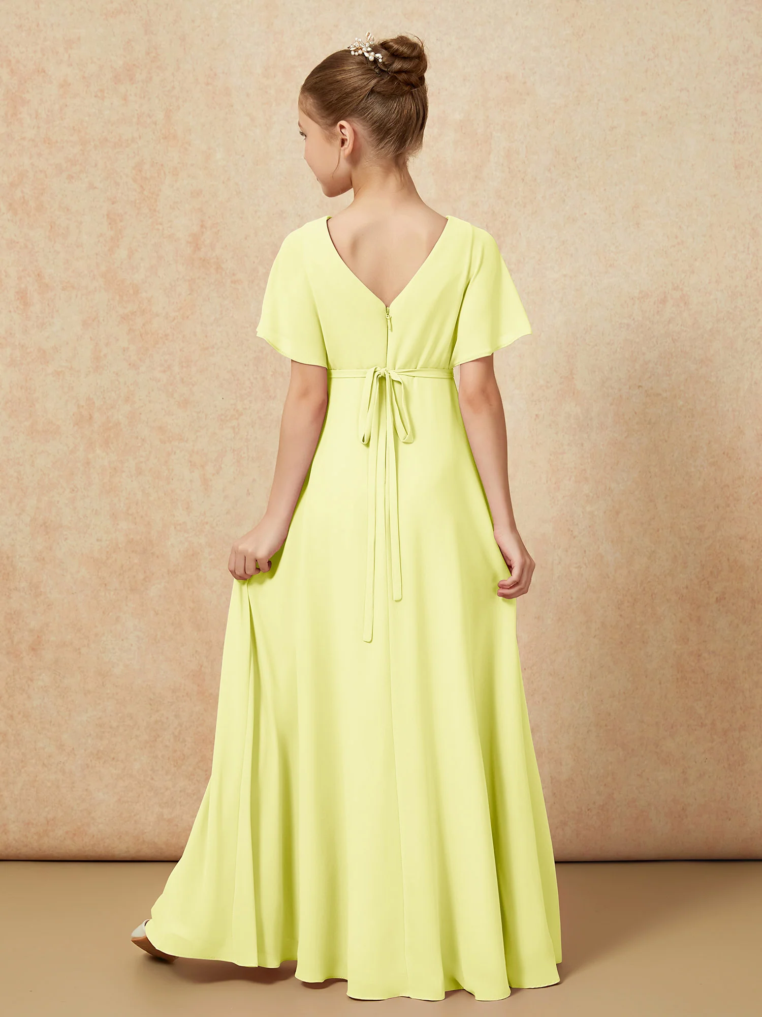 A-Line Flutter Sleeves Chiffon Junior Bridesmaid Dresses Daffodil - Image 2