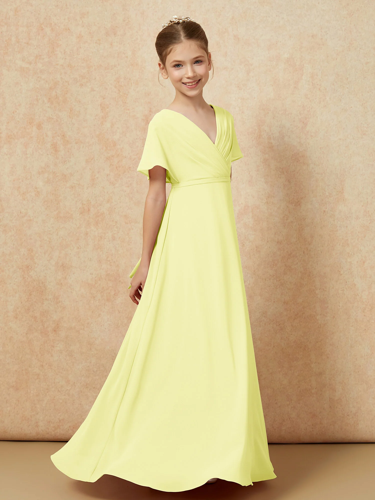 A-Line Flutter Sleeves Chiffon Junior Bridesmaid Dresses Daffodil - Image 3