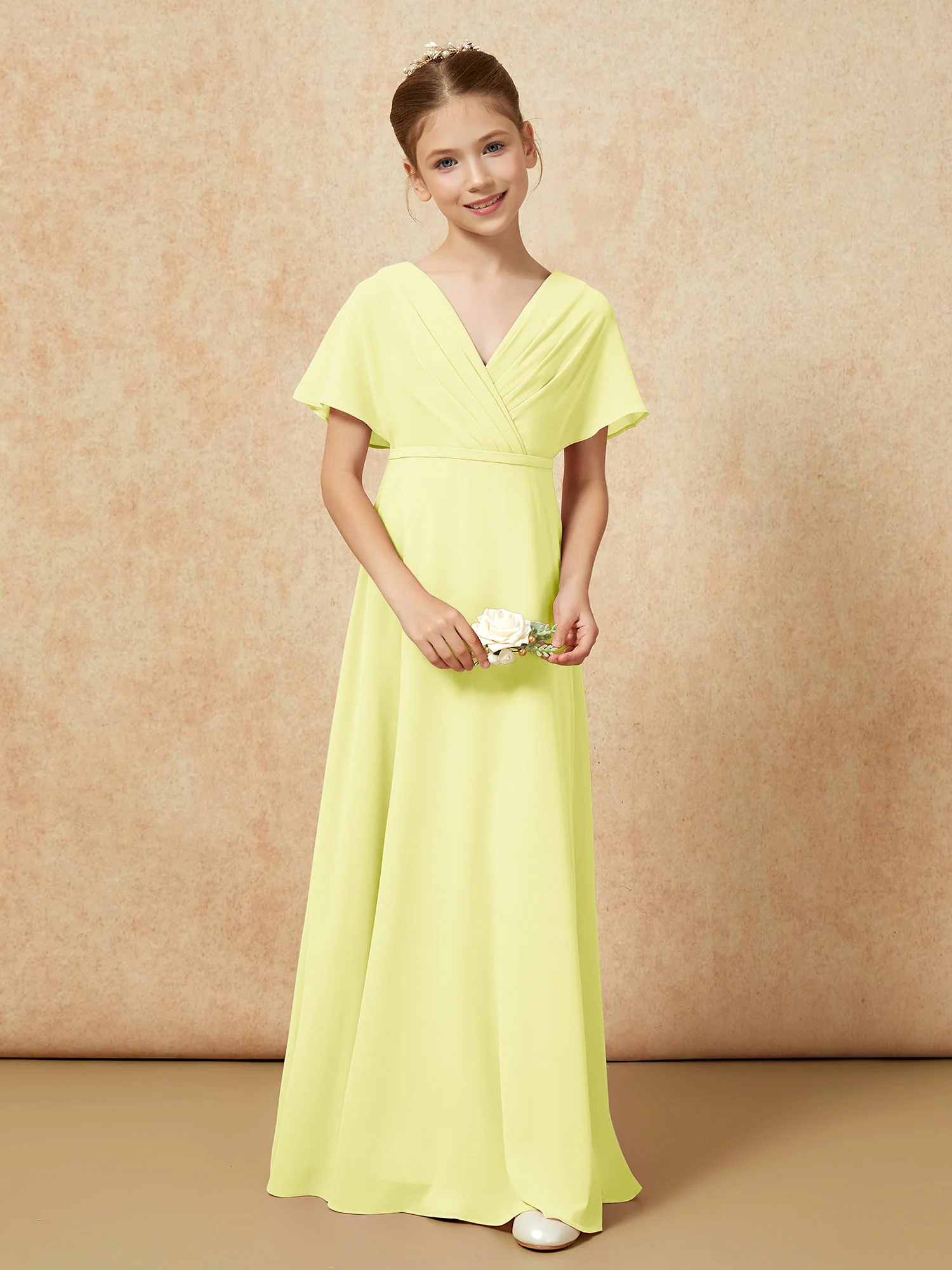 A-Line Flutter Sleeves Chiffon Junior Bridesmaid Dresses Daffodil - Image 4