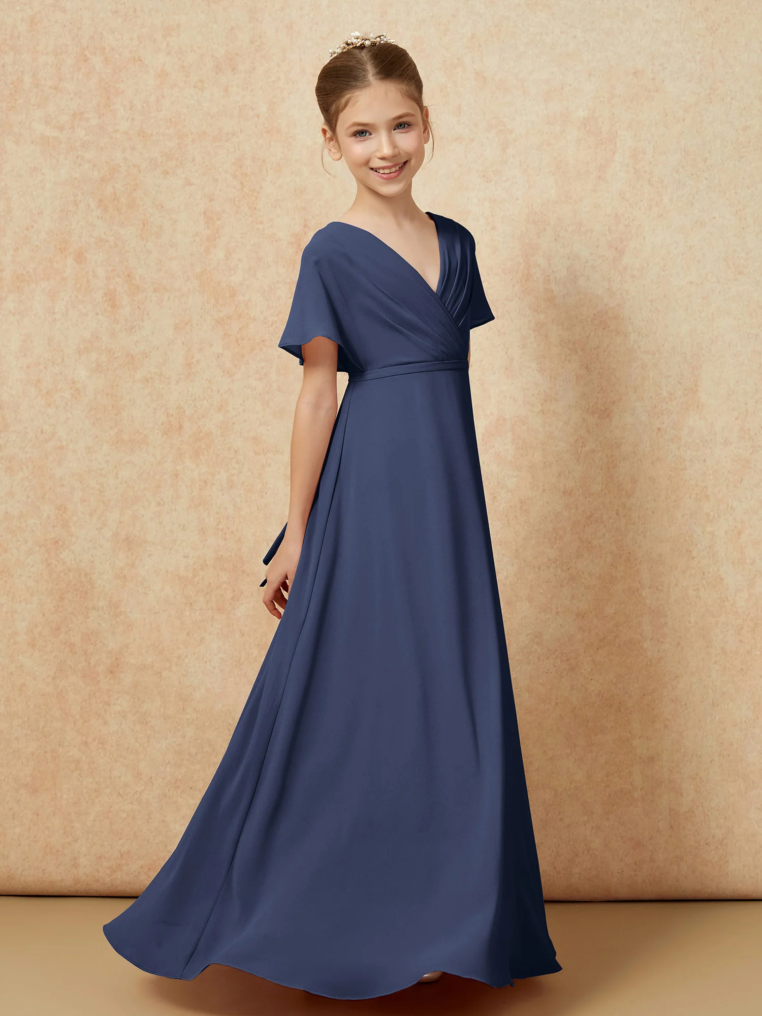 A-Line Flutter Sleeves Chiffon Junior Bridesmaid Dresses Dark Navy - Image 3