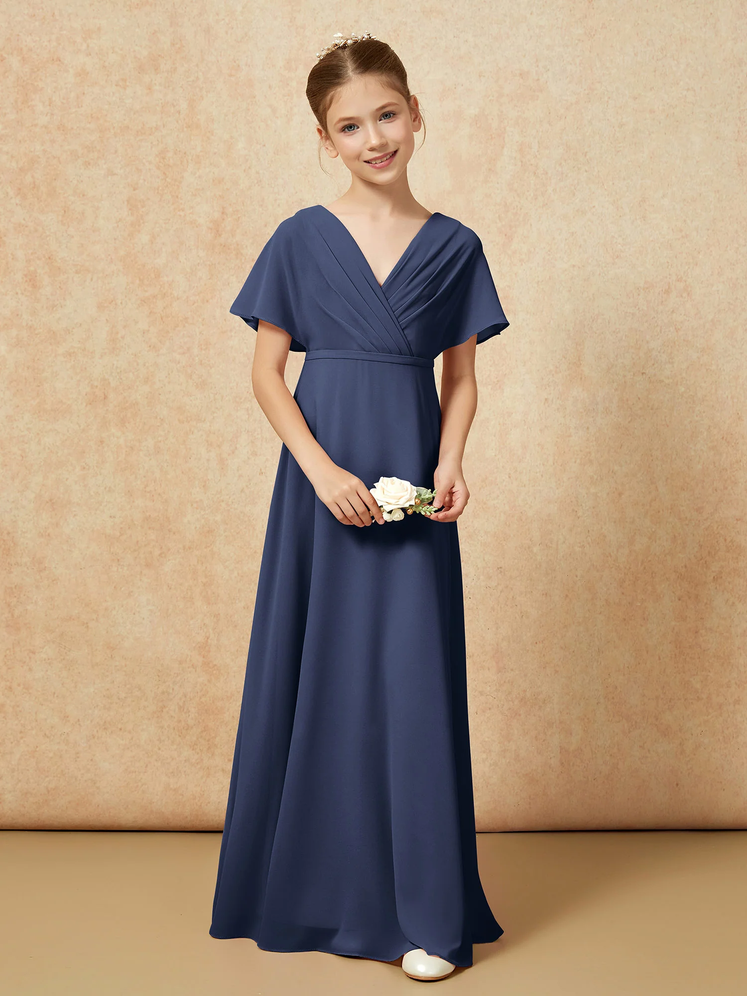 A-Line Flutter Sleeves Chiffon Junior Bridesmaid Dresses Dark Navy - Image 4