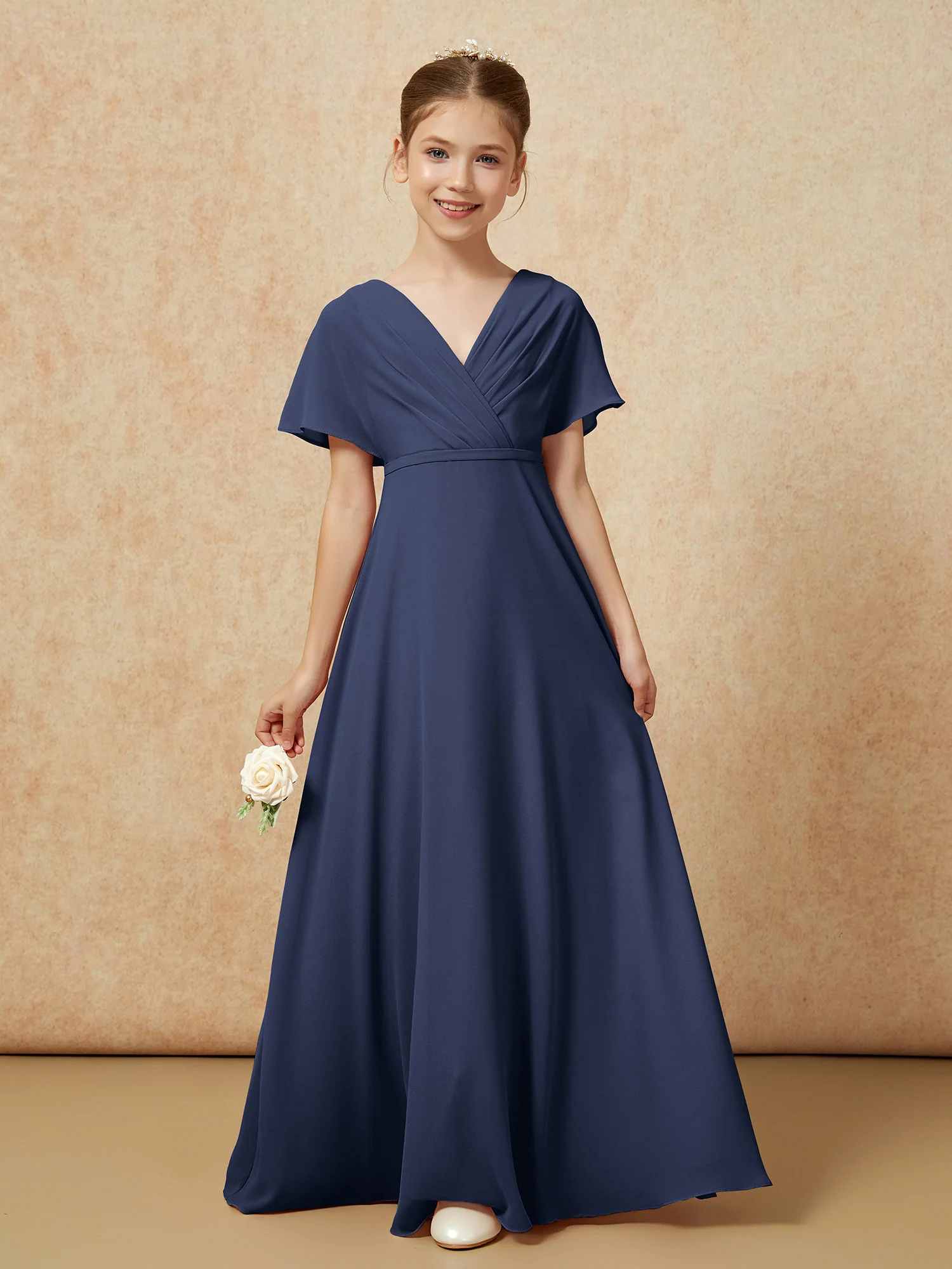 A-Line Flutter Sleeves Chiffon Junior Bridesmaid Dresses Dark Navy - Image 5