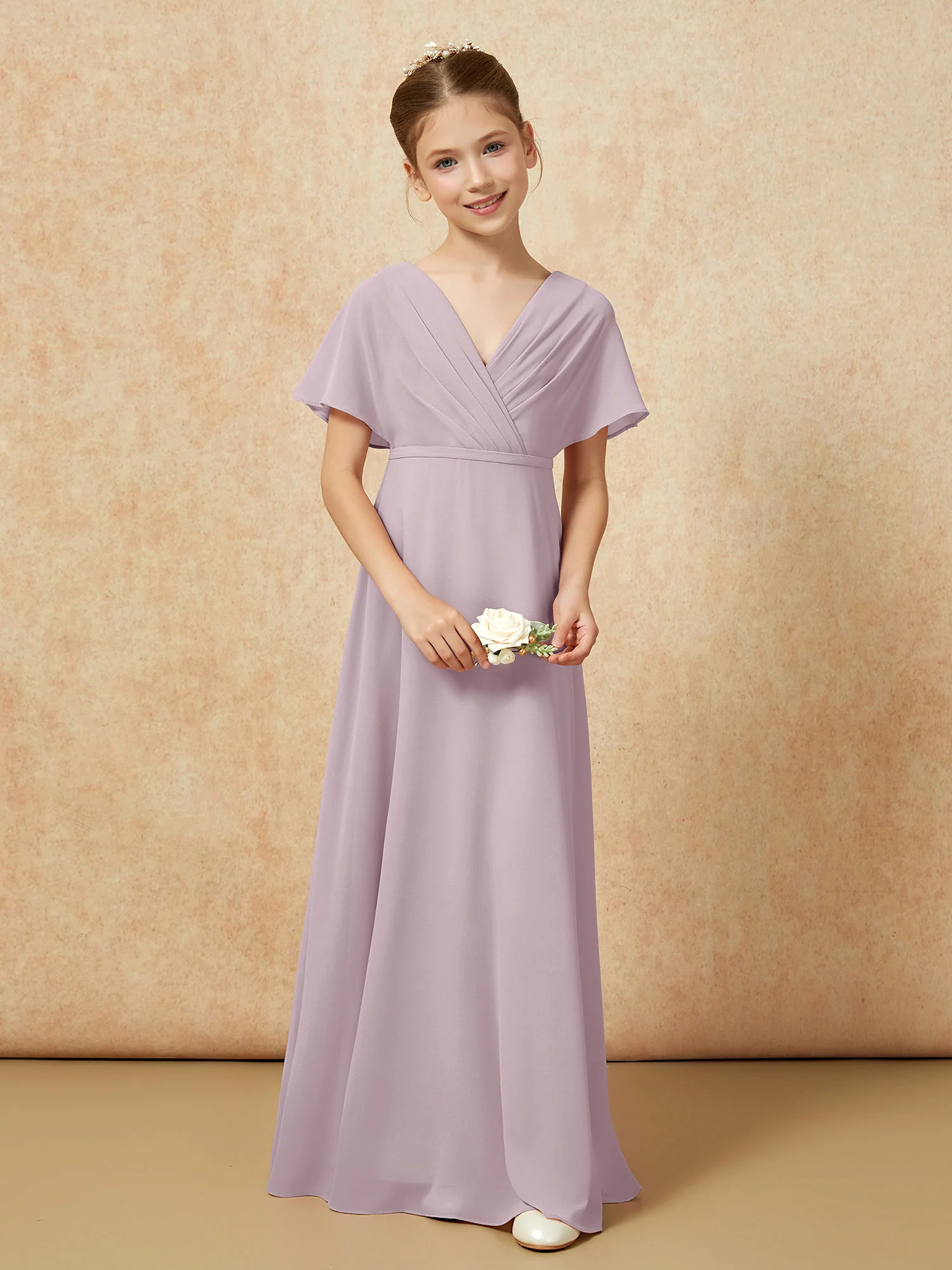 A-Line Flutter Sleeves Chiffon Junior Bridesmaid Dresses Dusk - Image 4