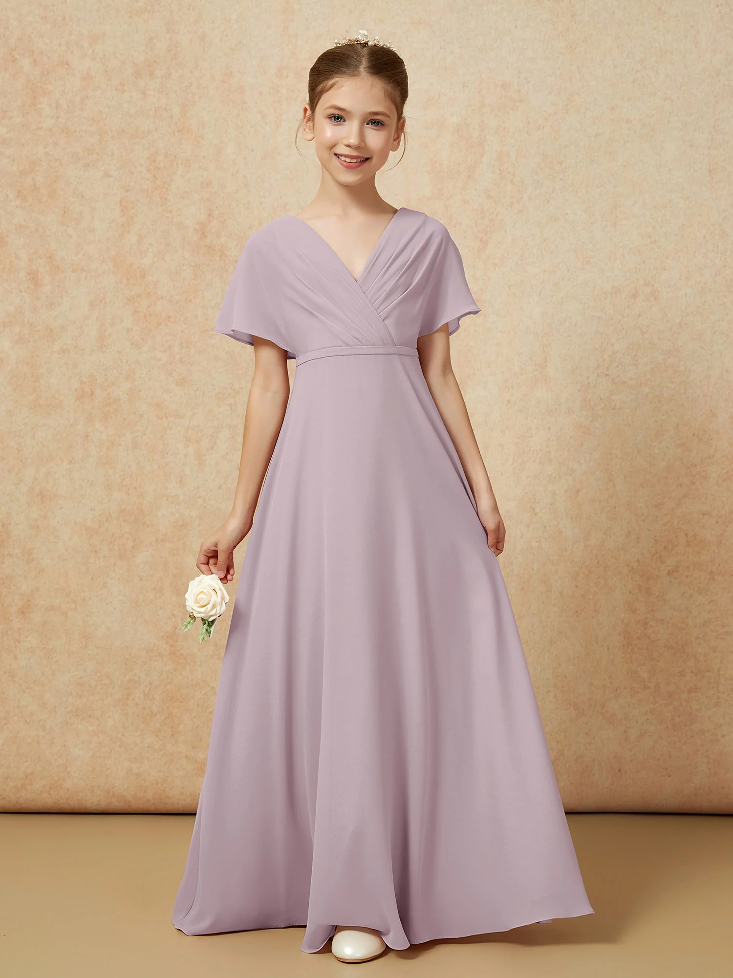 A-Line Flutter Sleeves Chiffon Junior Bridesmaid Dresses Dusk - Image 5