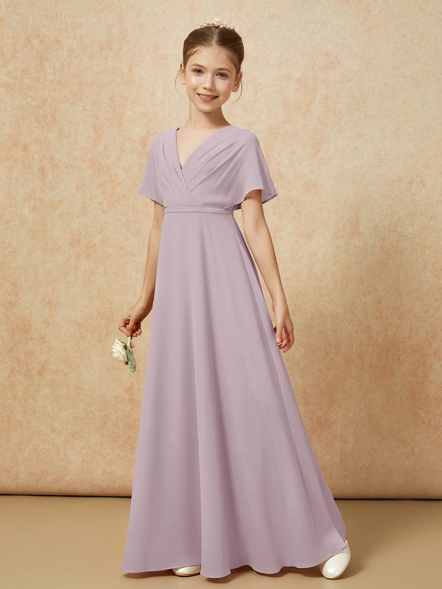 A-Line Flutter Sleeves Chiffon Junior Bridesmaid Dresses Dusk - Image 6