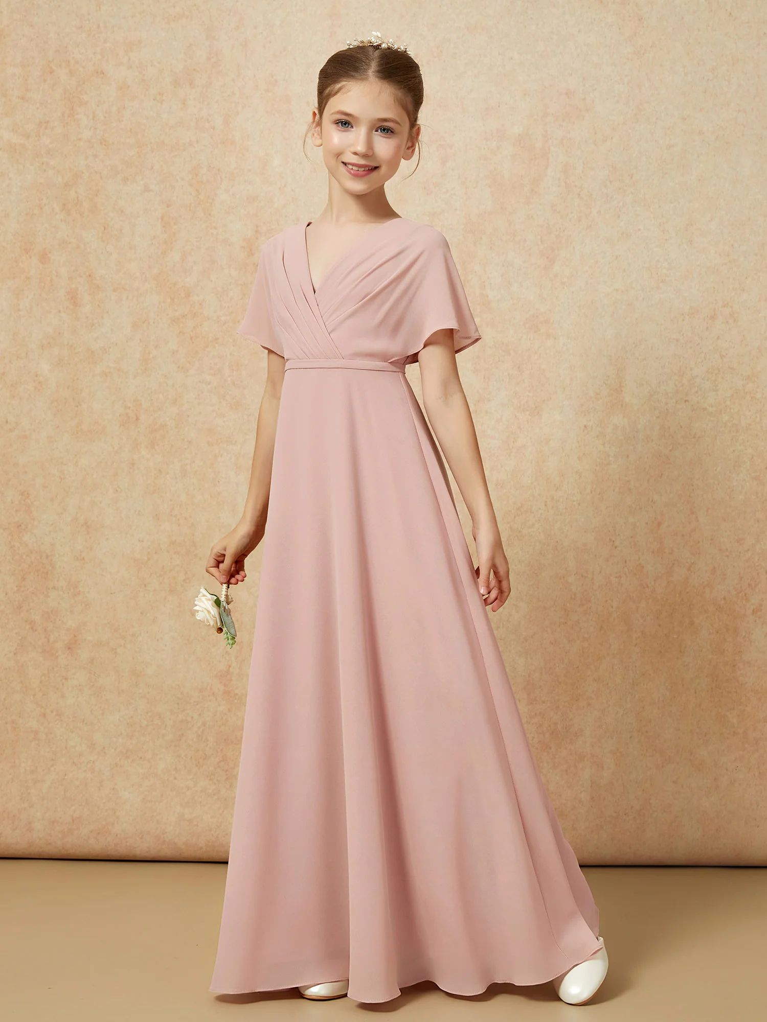 A-Line Flutter Sleeves Chiffon Junior Bridesmaid Dresses Dusty Rose - Image 6