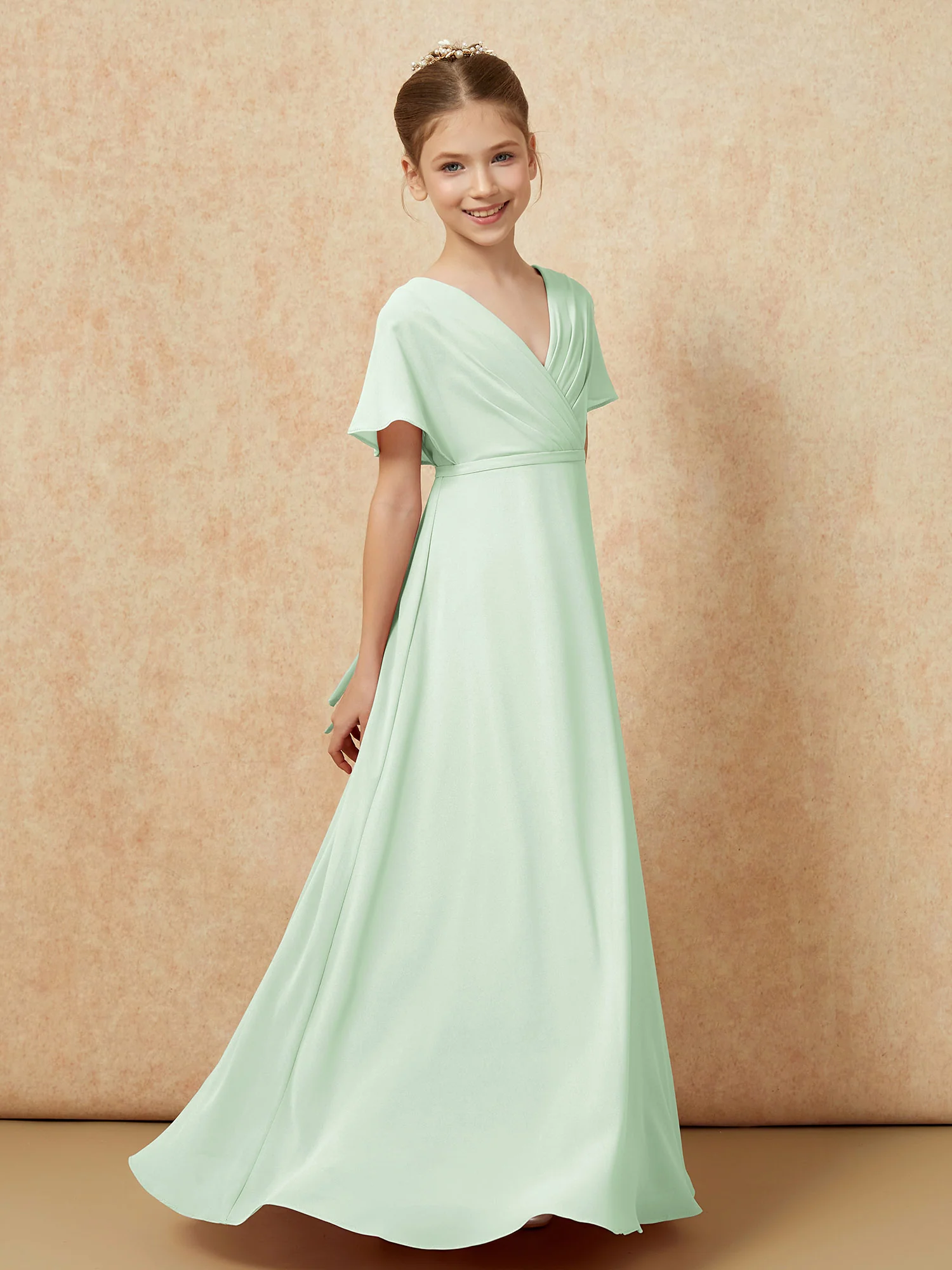 A-Line Flutter Sleeves Chiffon Junior Bridesmaid Dresses Dusty Sage - Image 3