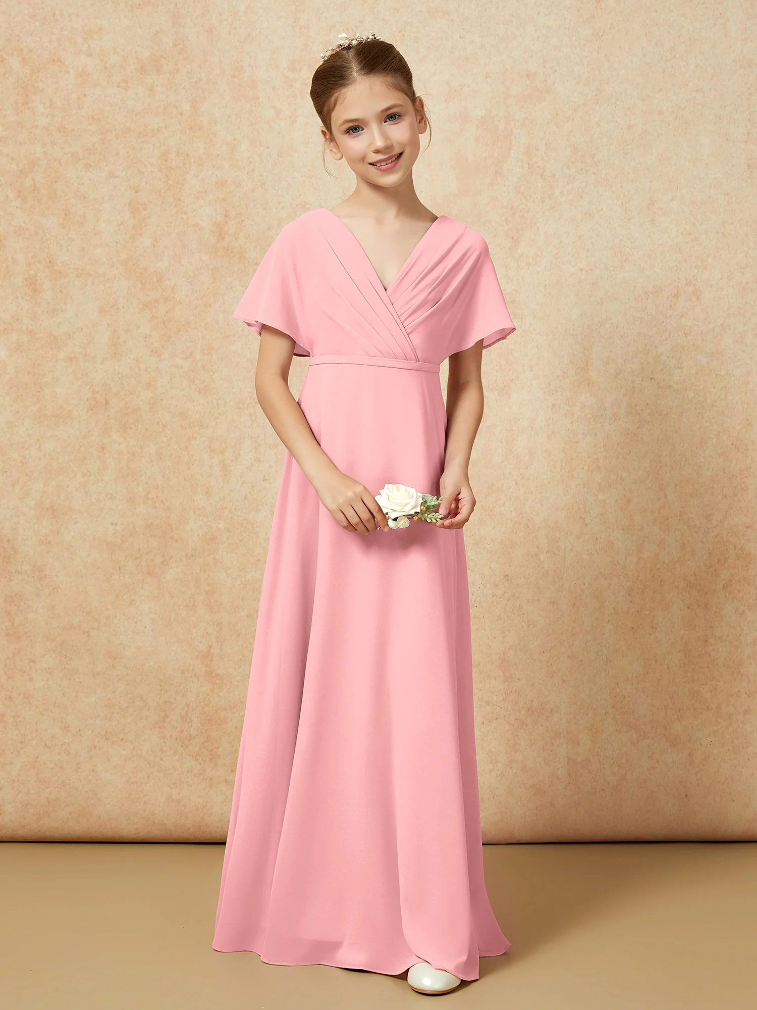 A-Line Flutter Sleeves Chiffon Junior Bridesmaid Dresses Flamingo - Image 4
