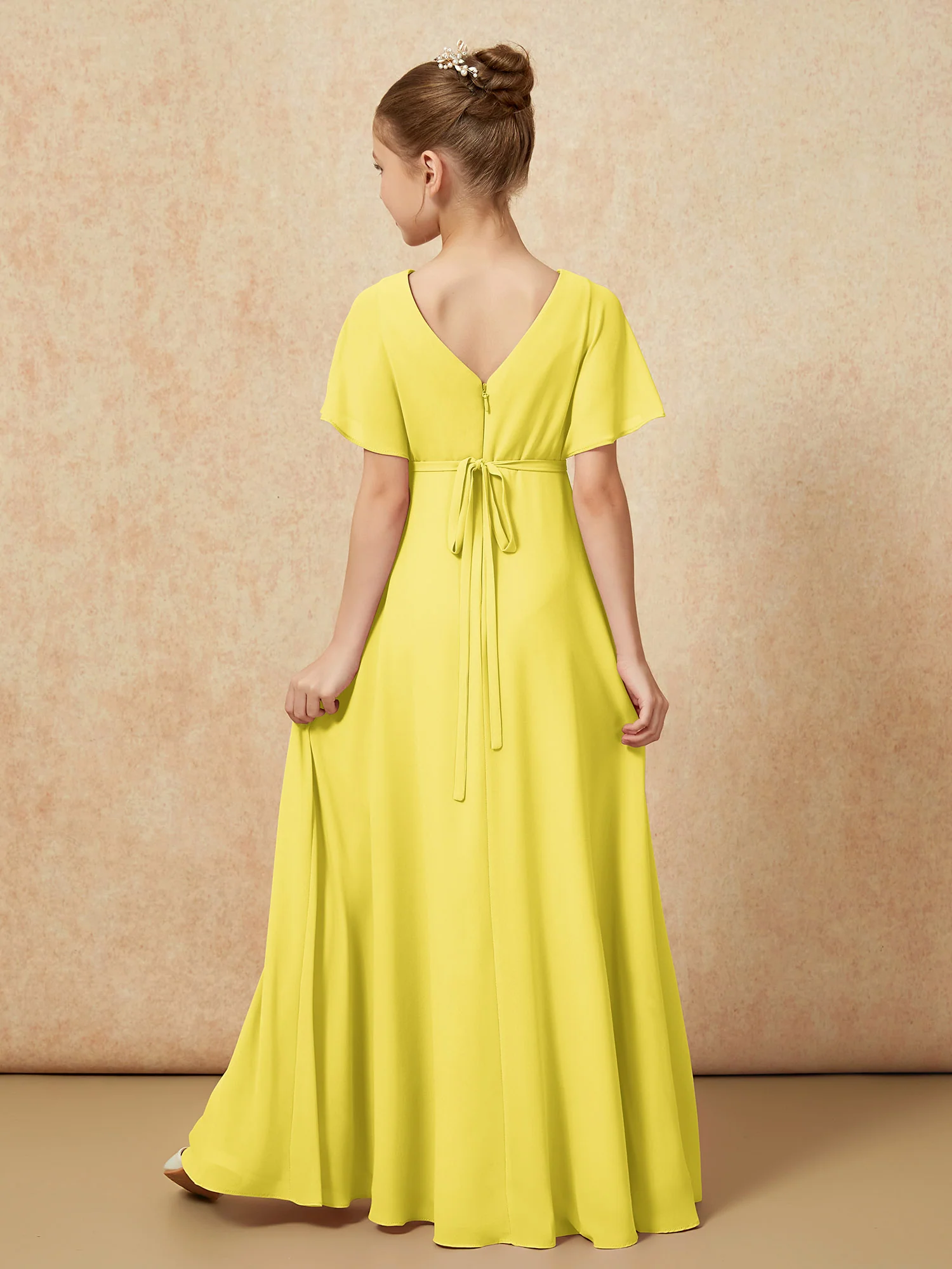 A-Line Flutter Sleeves Chiffon Junior Bridesmaid Dresses Lemon - Image 2