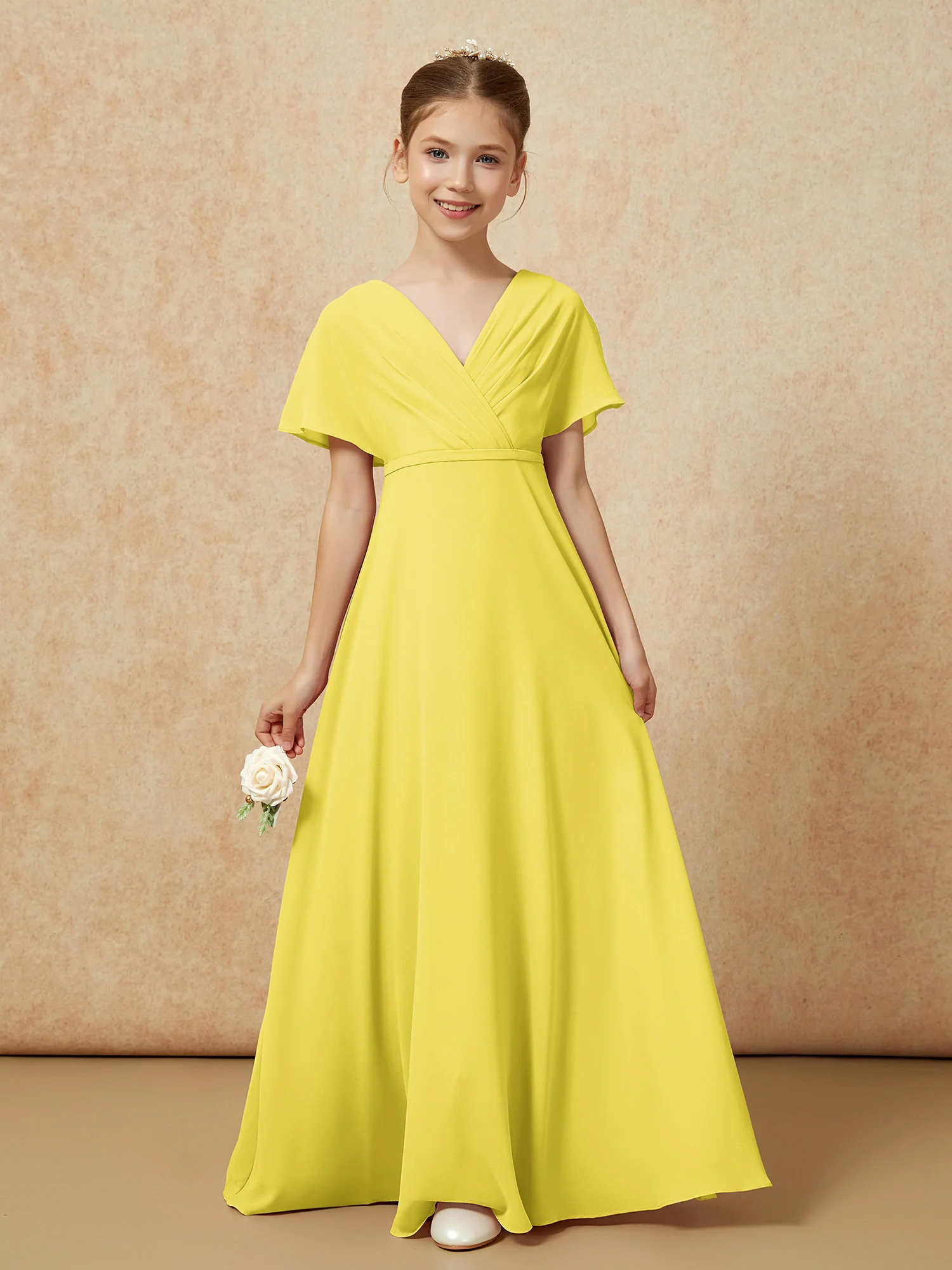 A-Line Flutter Sleeves Chiffon Junior Bridesmaid Dresses Lemon - Image 5