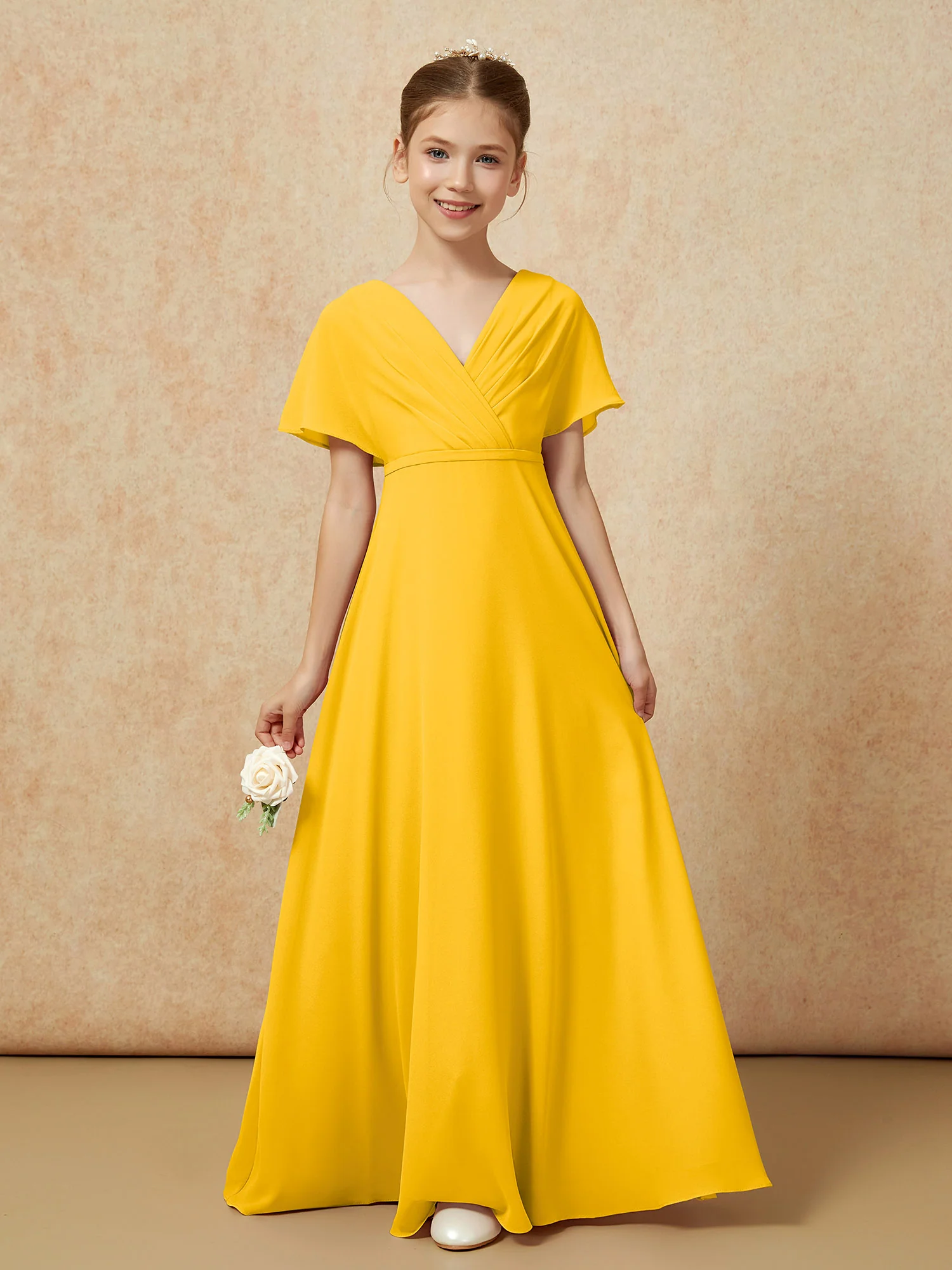 A-Line Flutter Sleeves Chiffon Junior Bridesmaid Dresses Marigold - Image 5