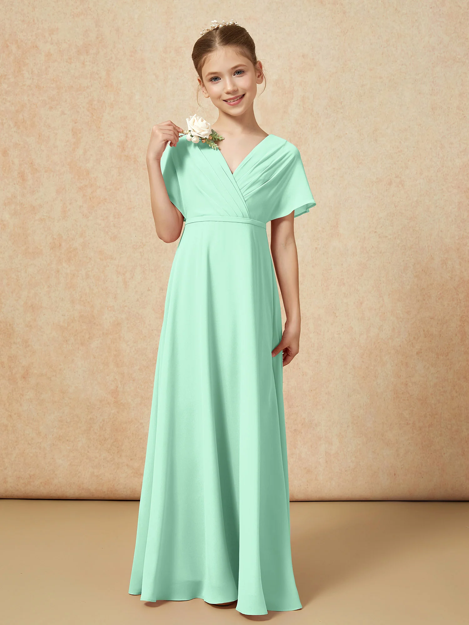 A-Line Flutter Sleeves Chiffon Junior Bridesmaid Dresses Mint Green