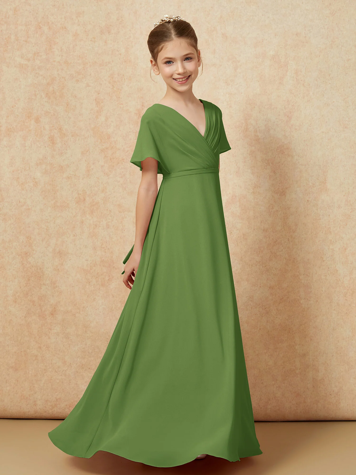 A-Line Flutter Sleeves Chiffon Junior Bridesmaid Dresses Moss - Image 3