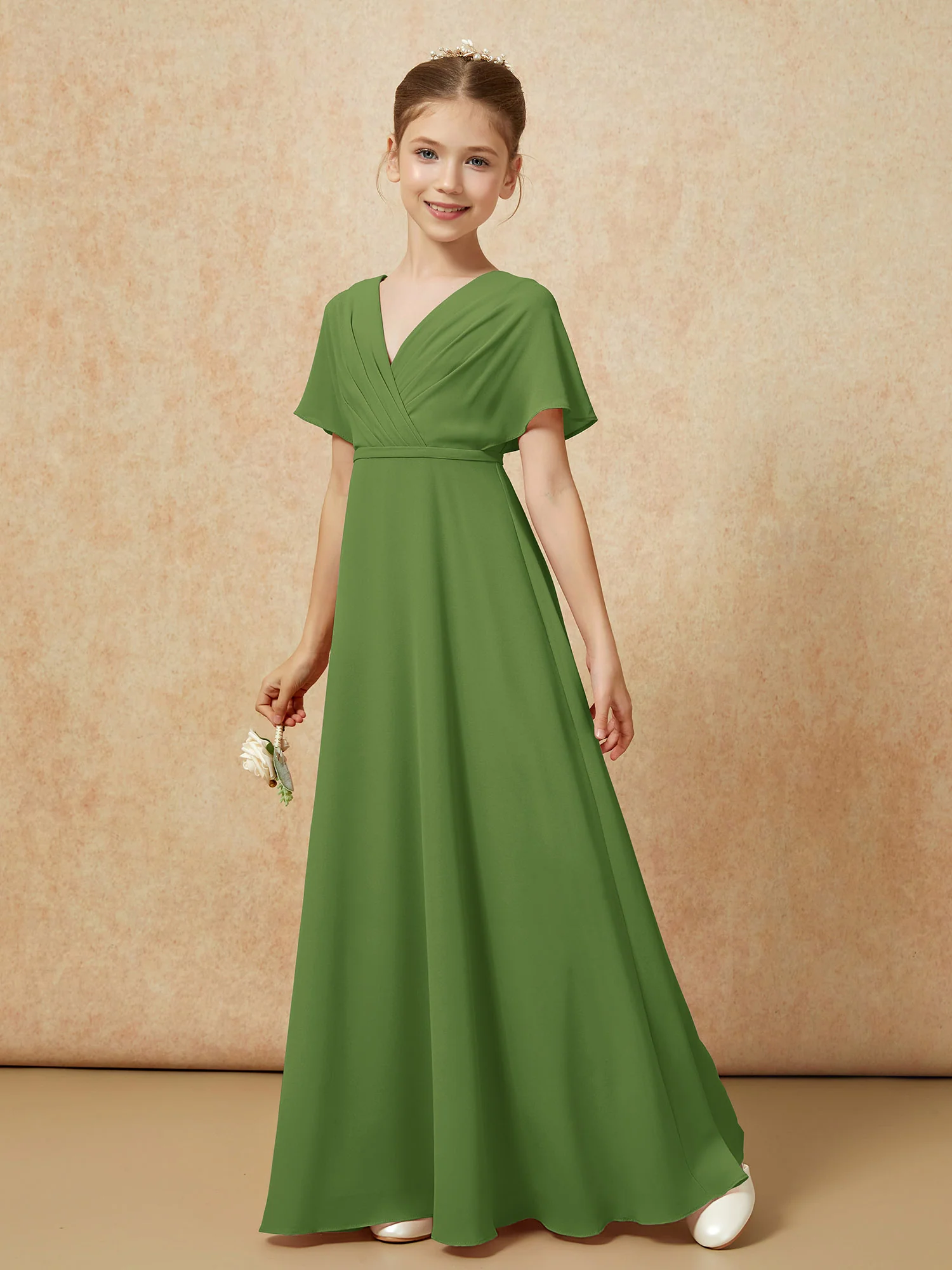 A-Line Flutter Sleeves Chiffon Junior Bridesmaid Dresses Moss - Image 6