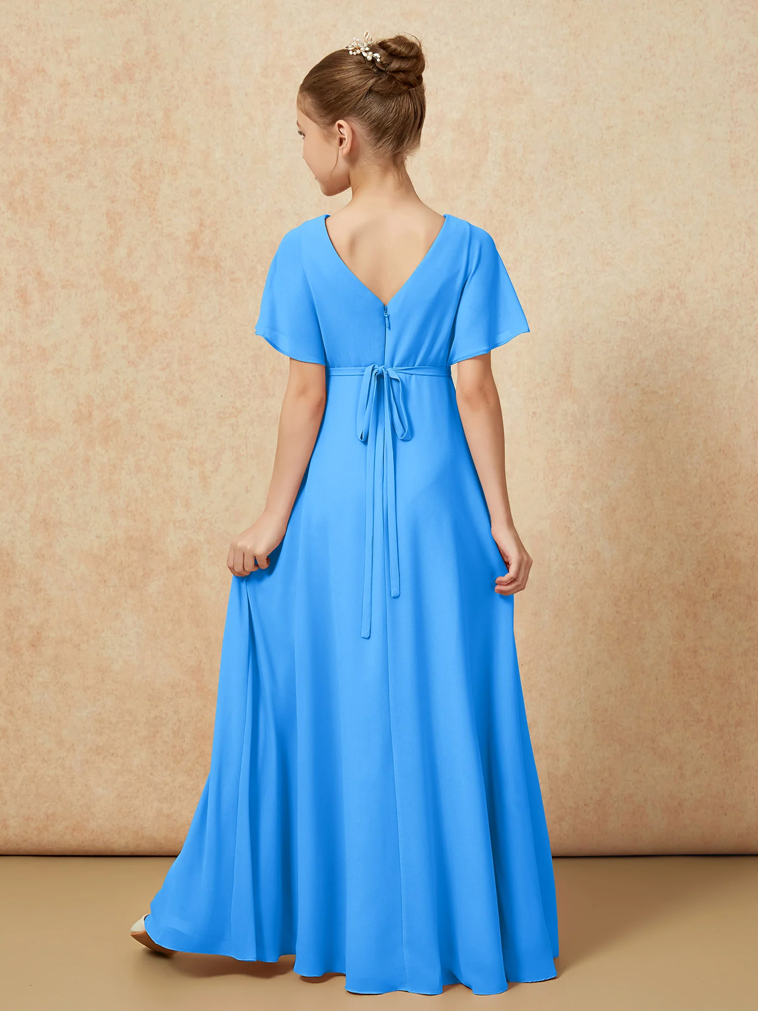 A-Line Flutter Sleeves Chiffon Junior Bridesmaid Dresses Ocean Blue - Image 2