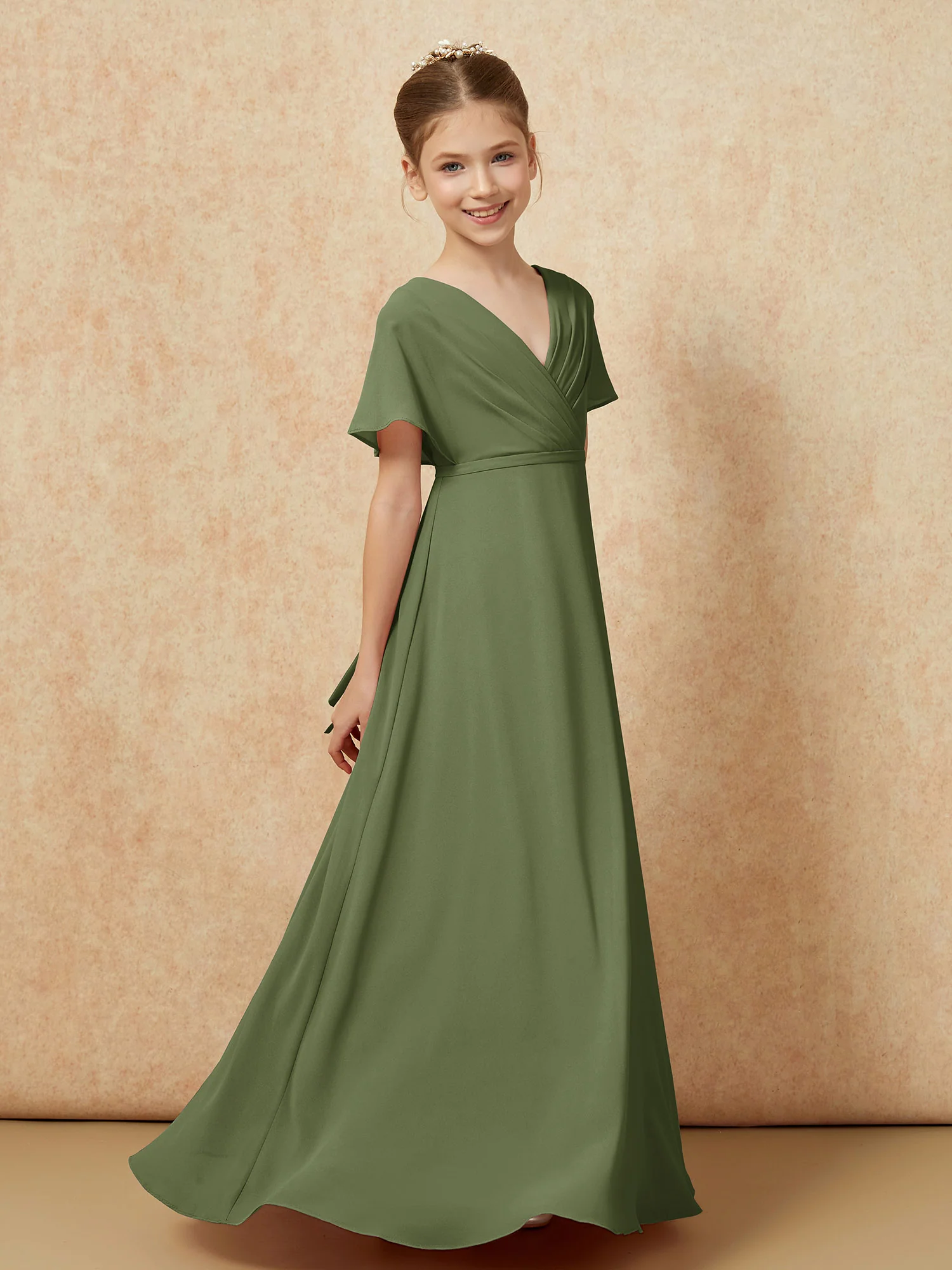 A-Line Flutter Sleeves Chiffon Junior Bridesmaid Dresses Olive Green - Image 3