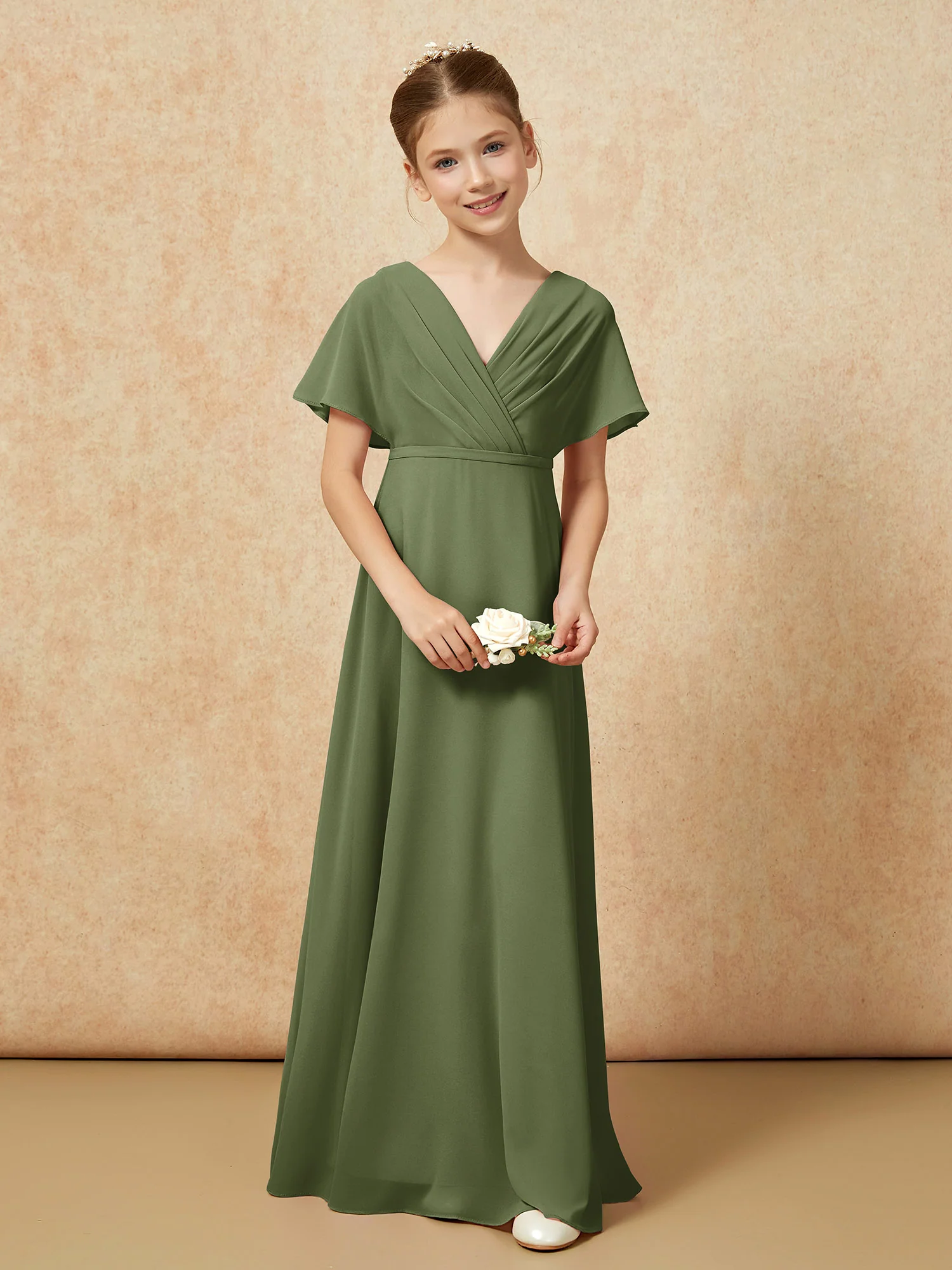 A-Line Flutter Sleeves Chiffon Junior Bridesmaid Dresses Olive Green - Image 4