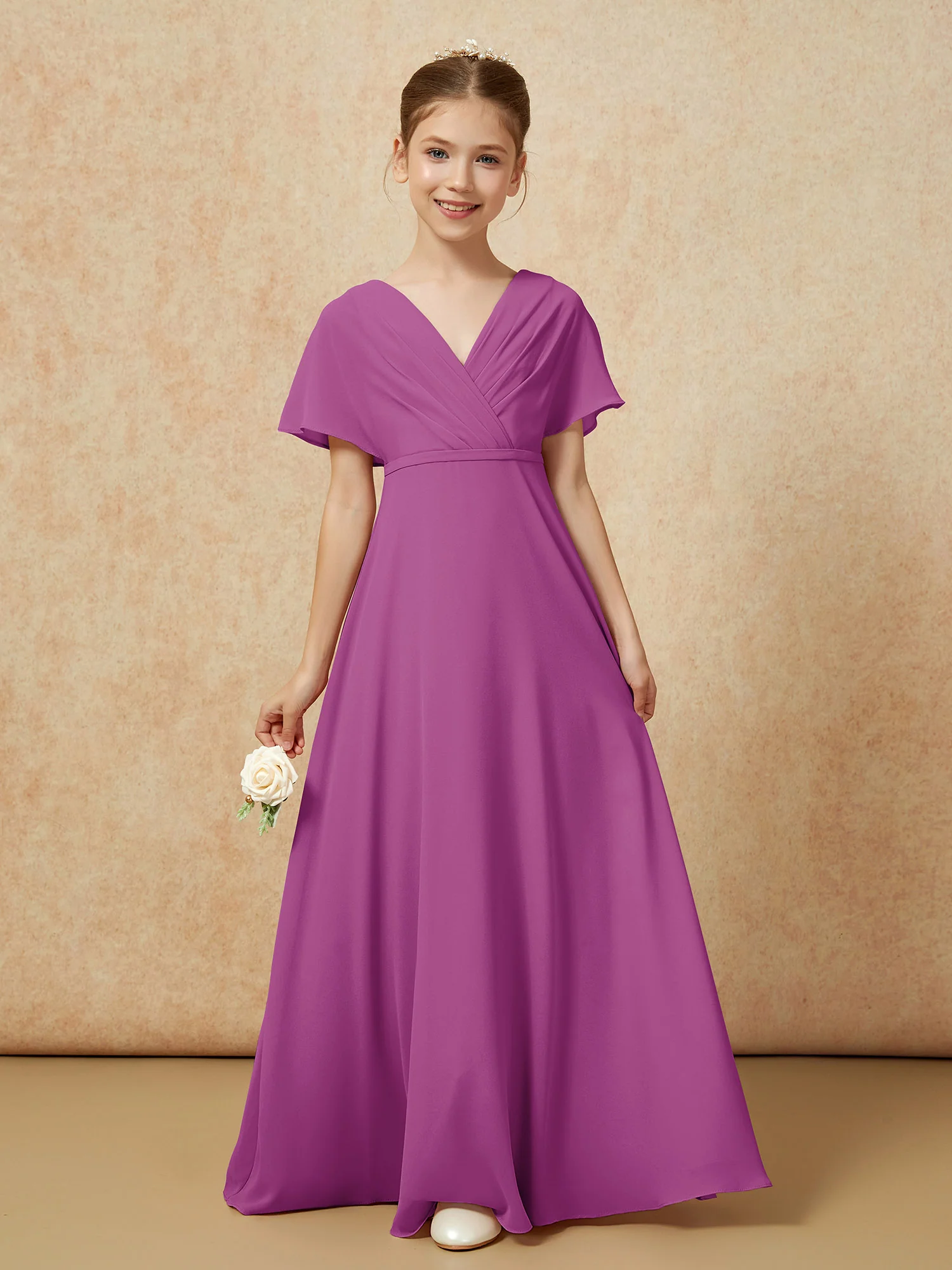 A-Line Flutter Sleeves Chiffon Junior Bridesmaid Dresses Orchid - Image 5