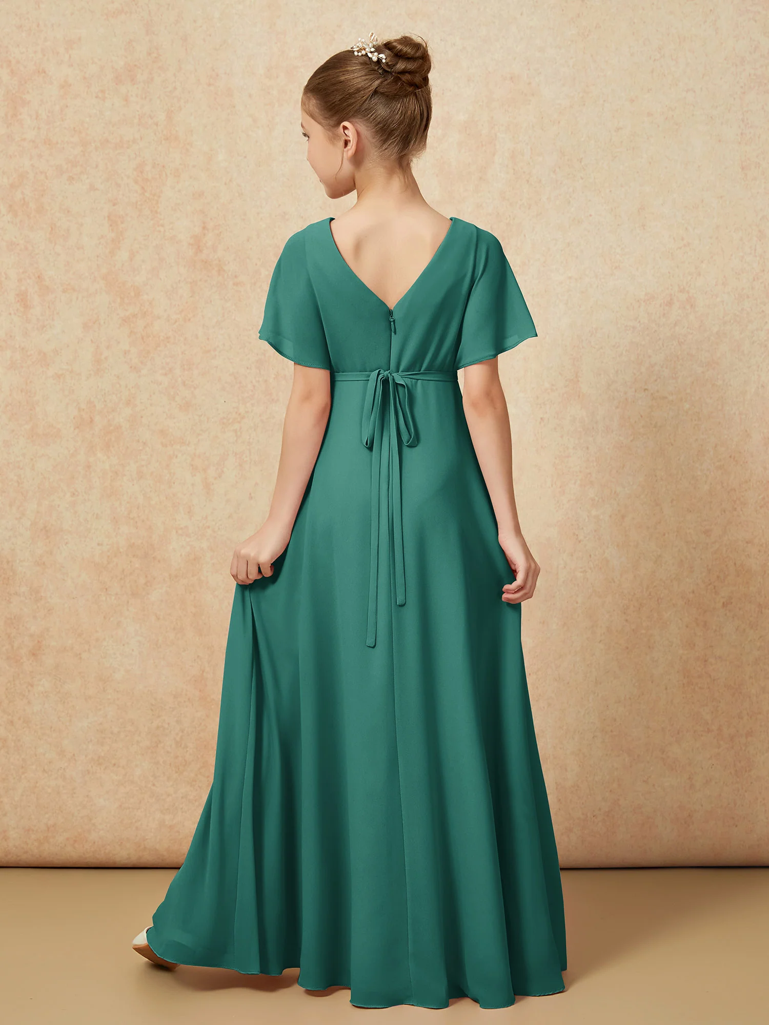 A-Line Flutter Sleeves Chiffon Junior Bridesmaid Dresses Peacock - Image 2