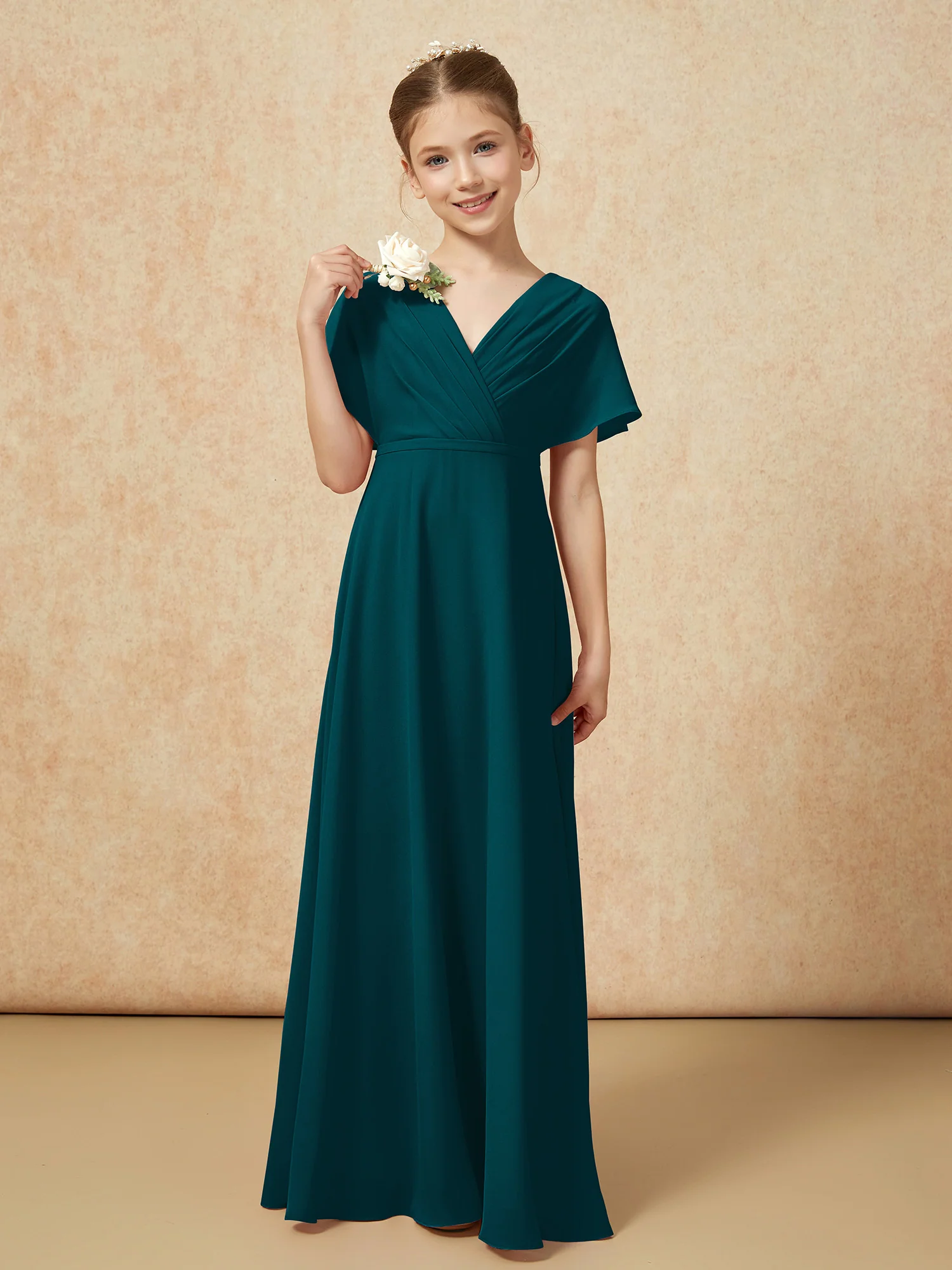 A-Line Flutter Sleeves Chiffon Junior Bridesmaid Dresses Pine