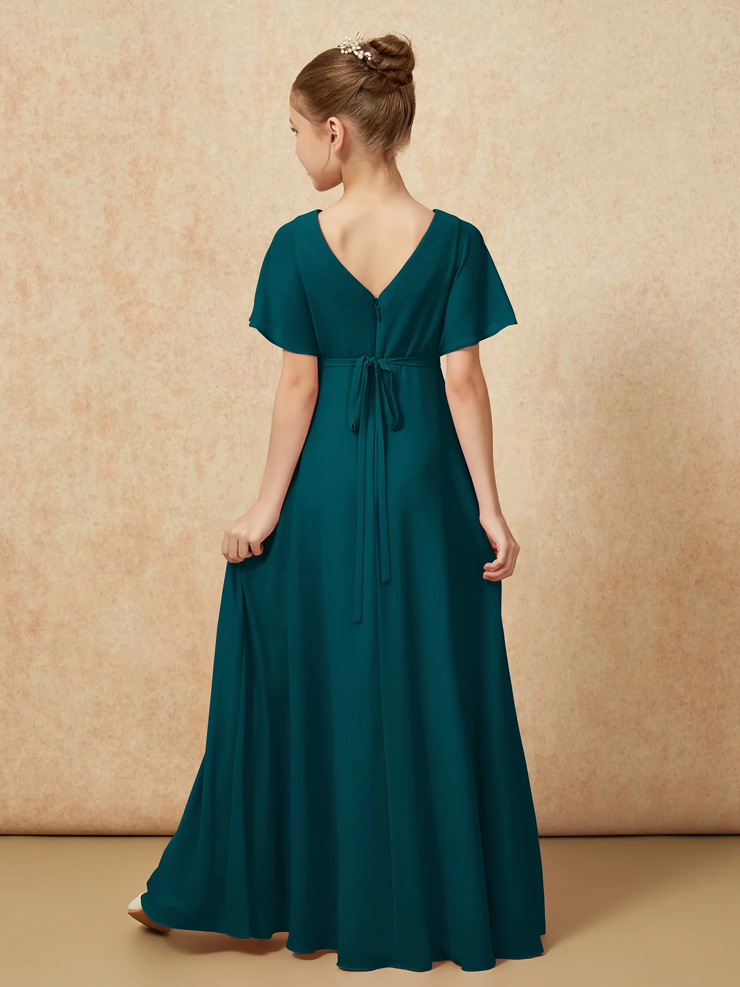 A-Line Flutter Sleeves Chiffon Junior Bridesmaid Dresses Pine - Image 2