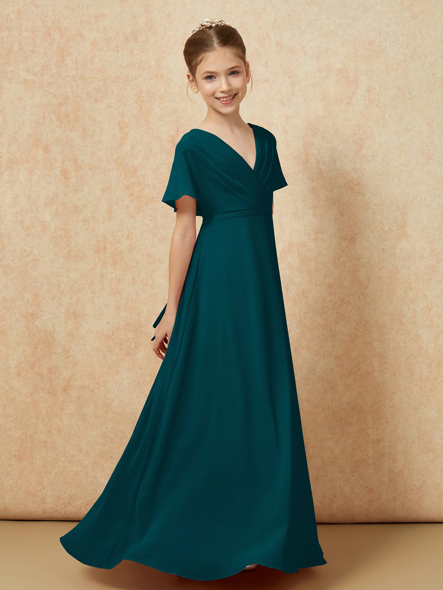 A-Line Flutter Sleeves Chiffon Junior Bridesmaid Dresses Pine - Image 3
