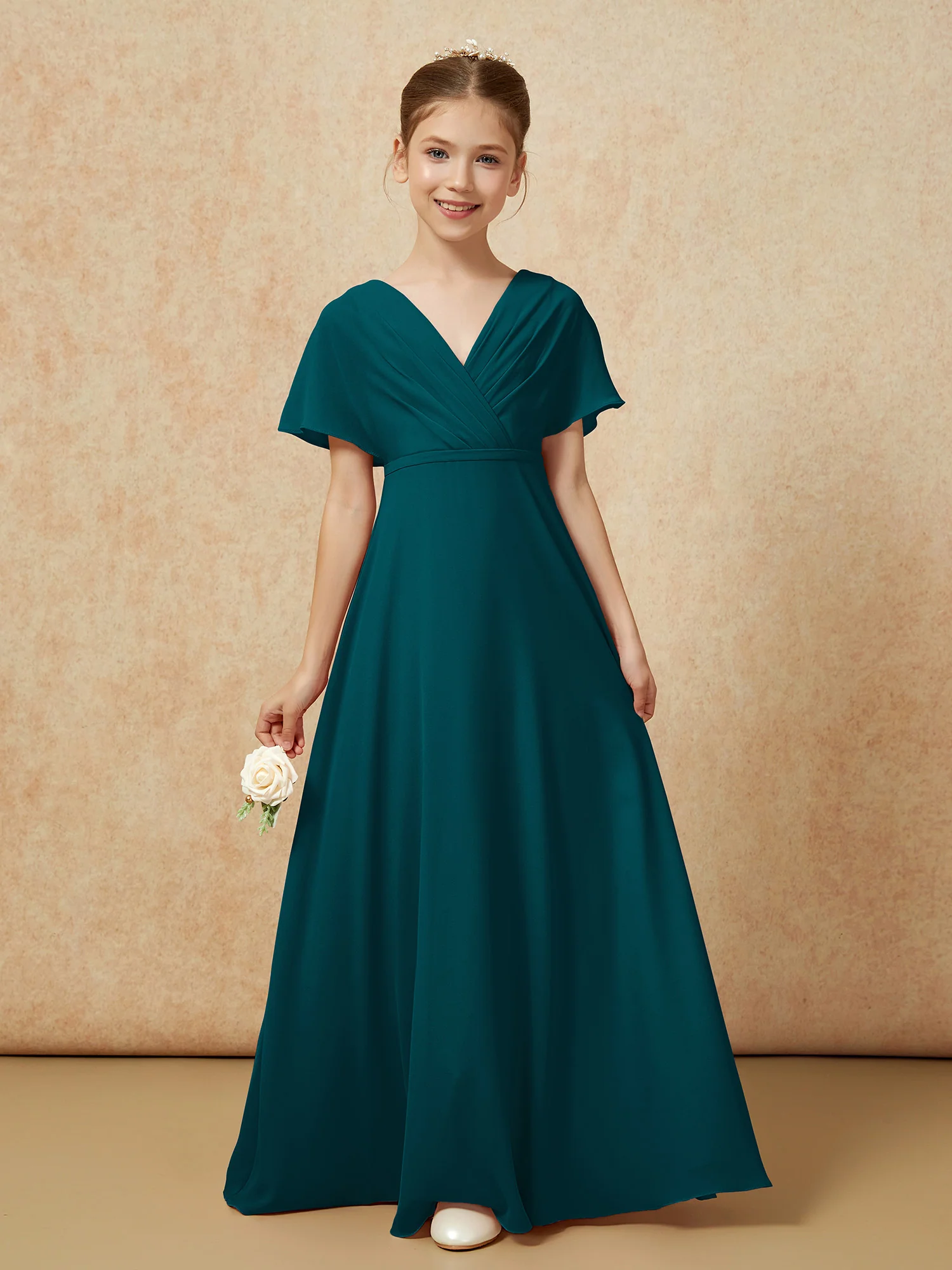 A-Line Flutter Sleeves Chiffon Junior Bridesmaid Dresses Pine - Image 5