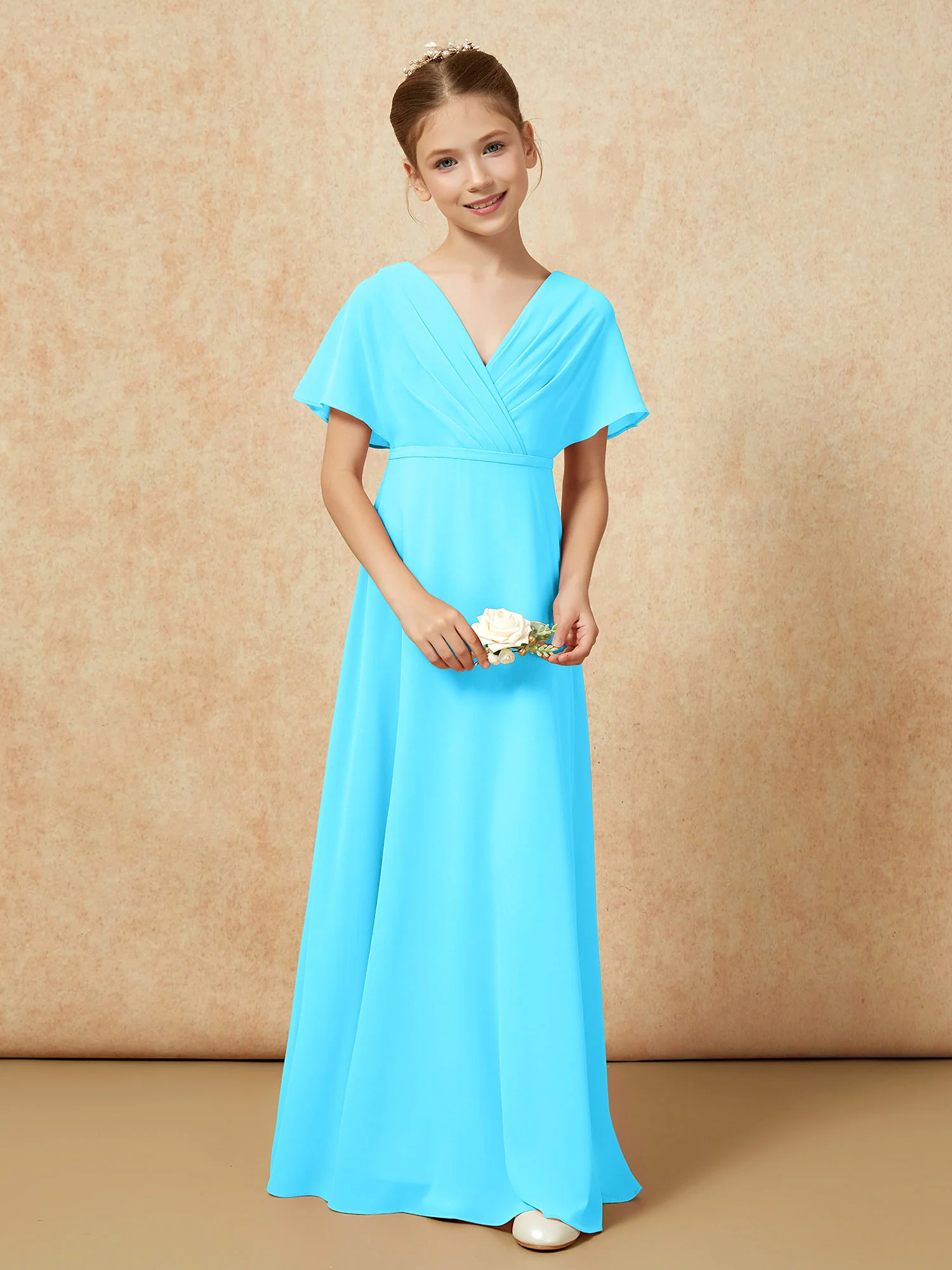 A-Line Flutter Sleeves Chiffon Junior Bridesmaid Dresses Pool - Image 4