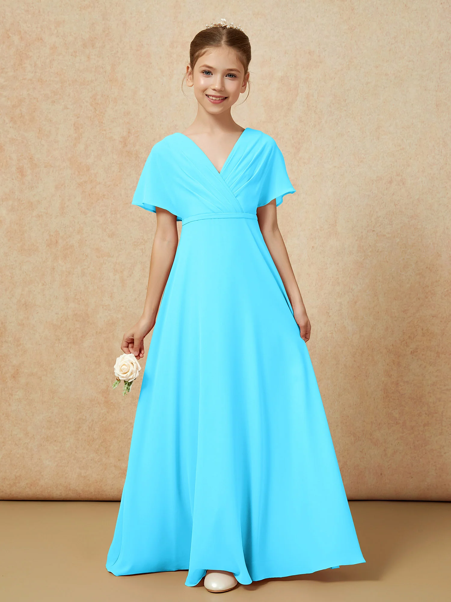 A-Line Flutter Sleeves Chiffon Junior Bridesmaid Dresses Pool - Image 5