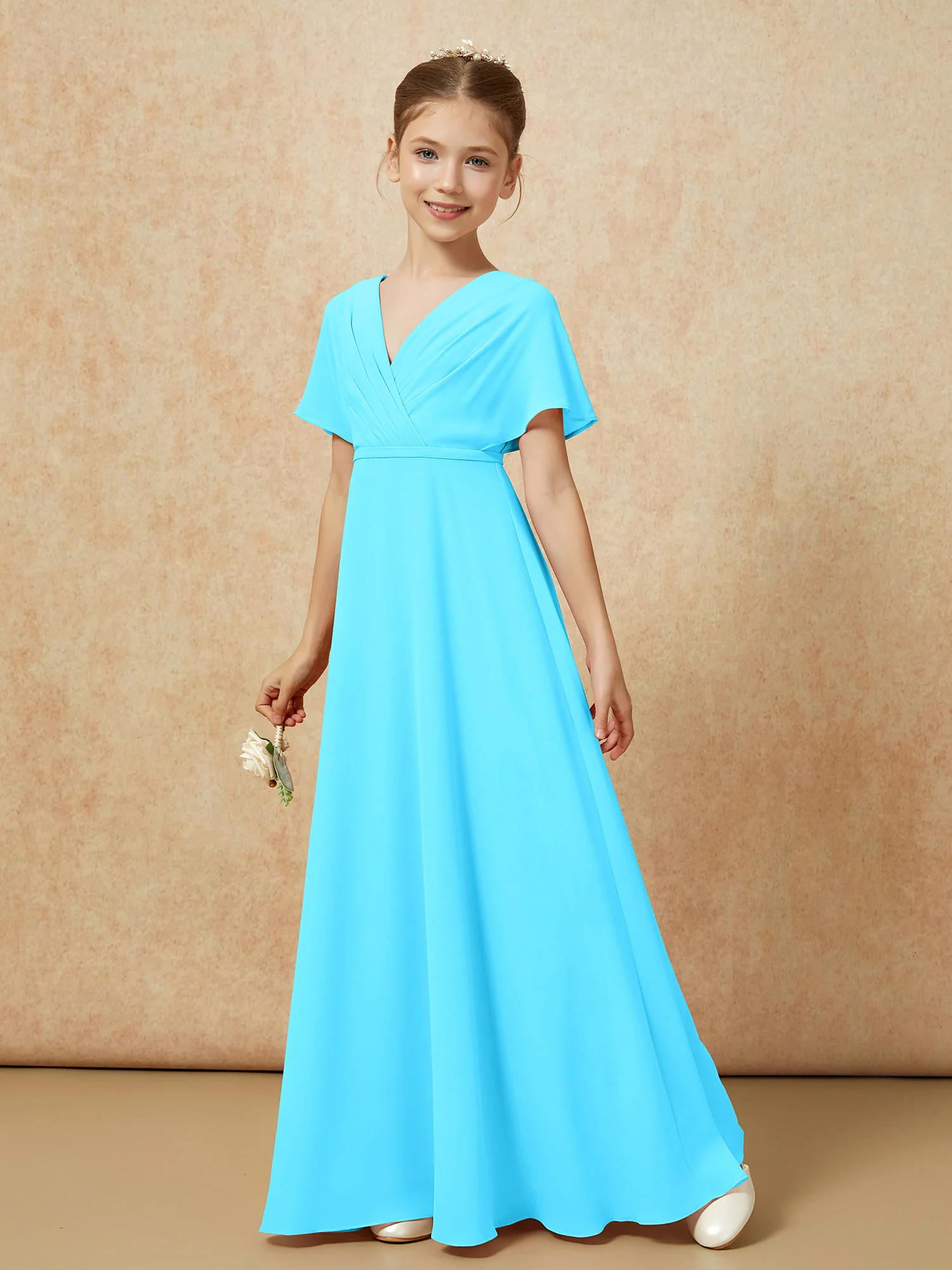 A-Line Flutter Sleeves Chiffon Junior Bridesmaid Dresses Pool - Image 6