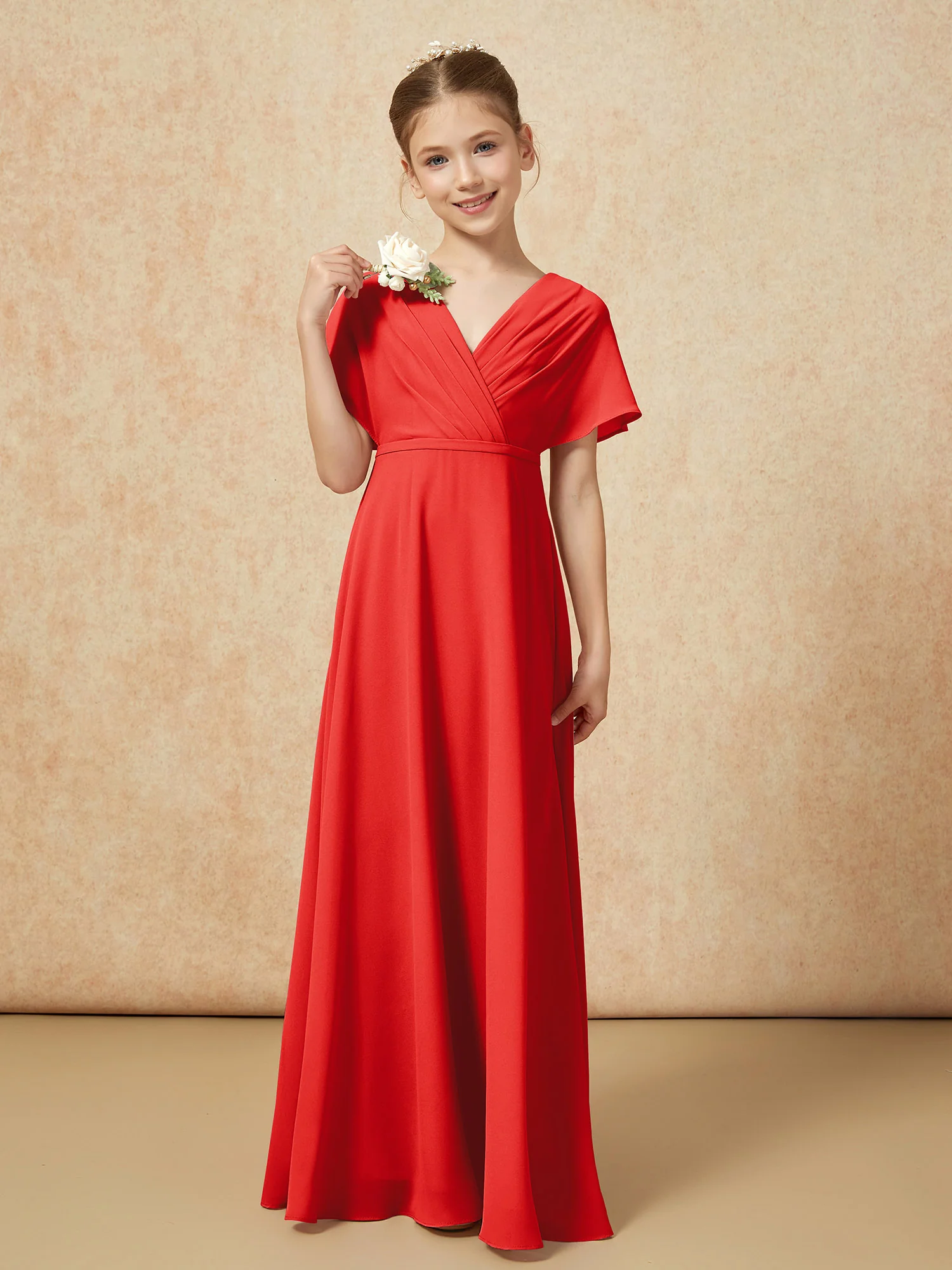 A-Line Flutter Sleeves Chiffon Junior Bridesmaid Dresses Red