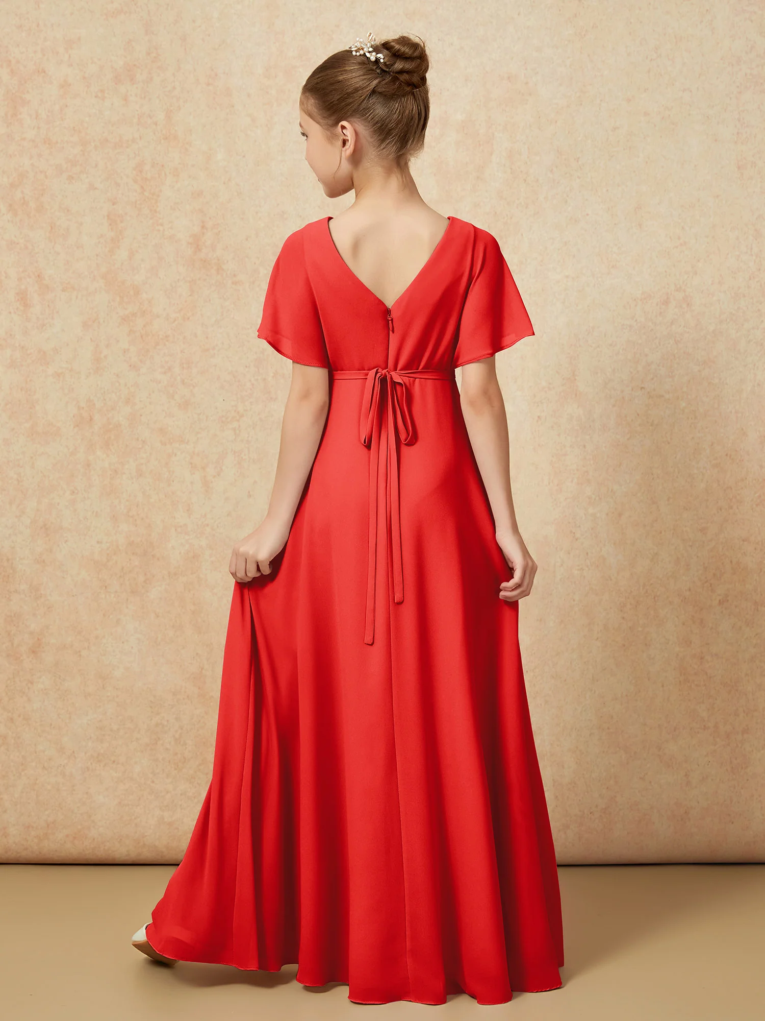 A-Line Flutter Sleeves Chiffon Junior Bridesmaid Dresses Red - Image 2