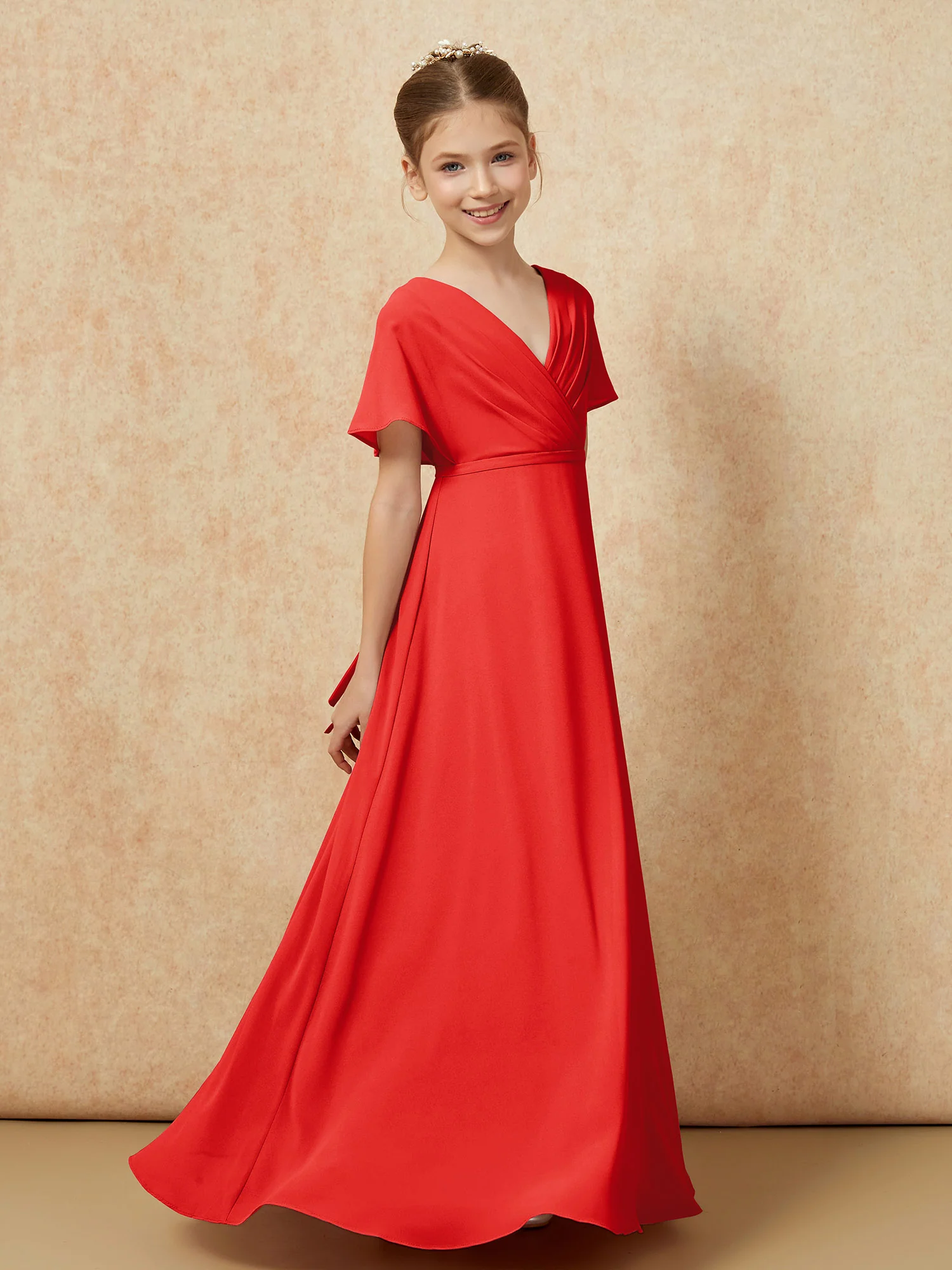 A-Line Flutter Sleeves Chiffon Junior Bridesmaid Dresses Red - Image 3