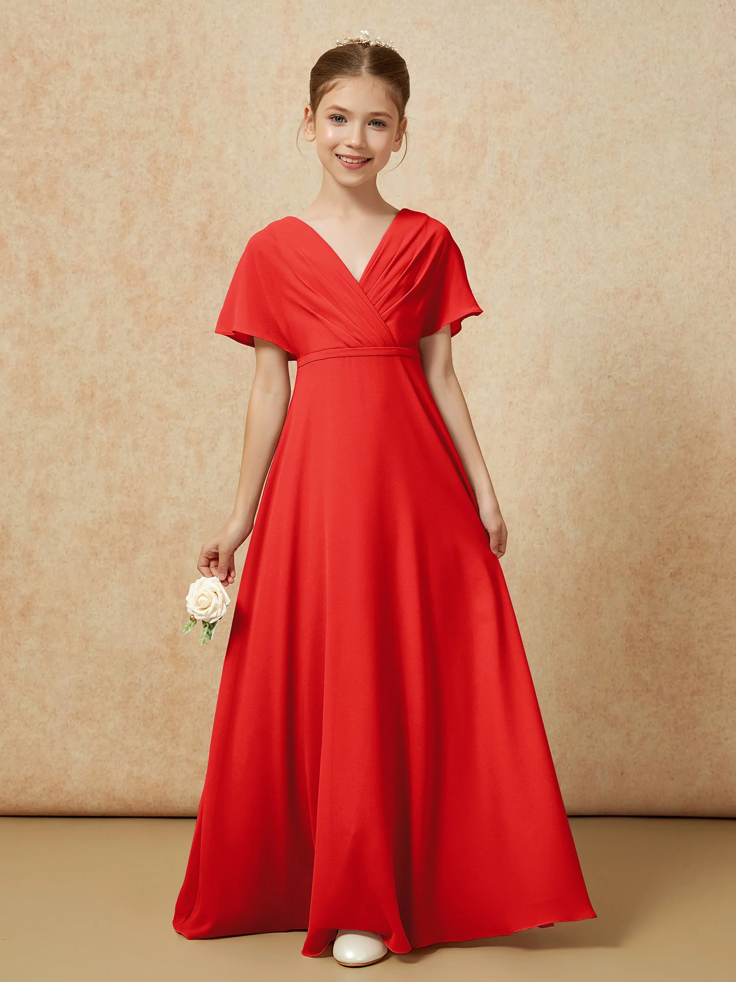 A-Line Flutter Sleeves Chiffon Junior Bridesmaid Dresses Red - Image 5