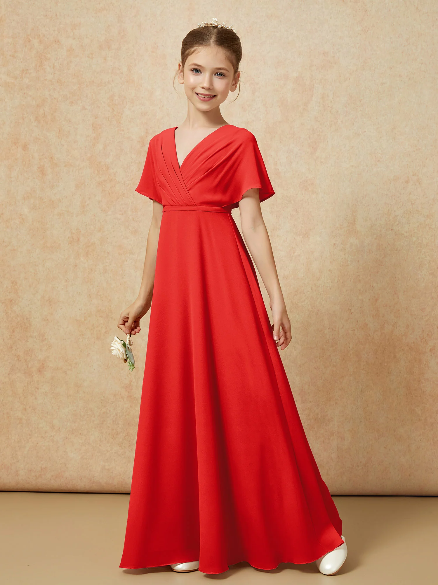 A-Line Flutter Sleeves Chiffon Junior Bridesmaid Dresses Red - Image 6