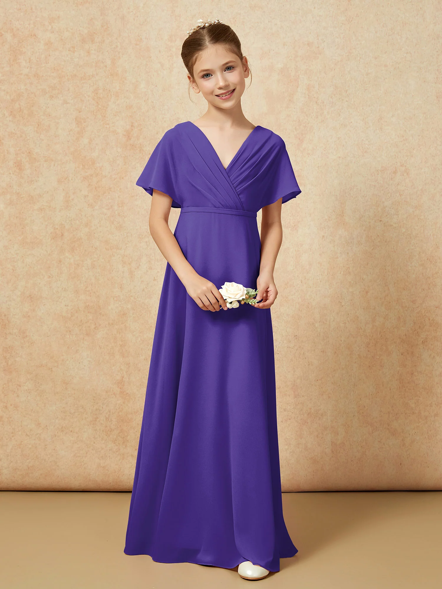 A-Line Flutter Sleeves Chiffon Junior Bridesmaid Dresses Regency - Image 4