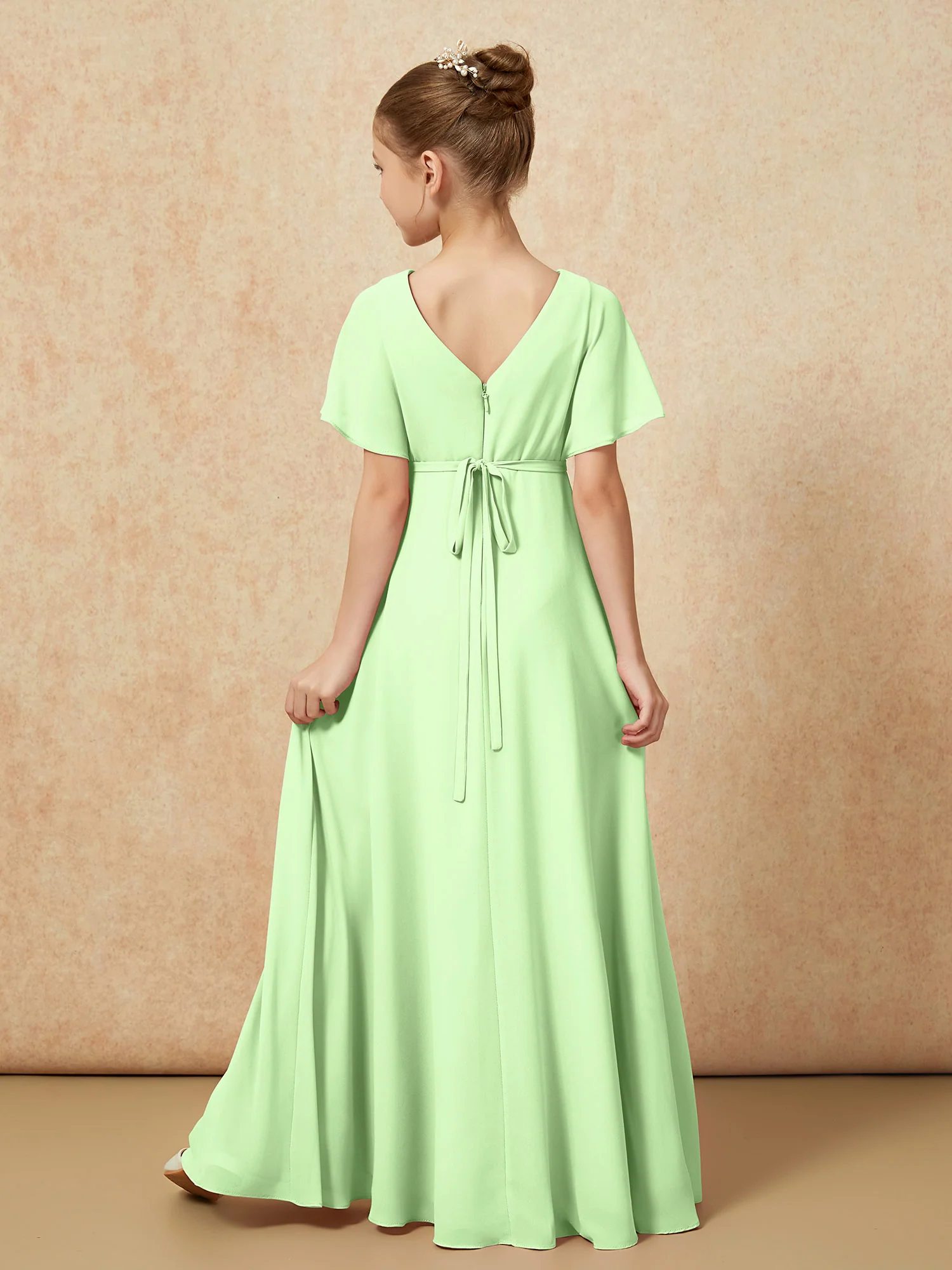 A-Line Flutter Sleeves Chiffon Junior Bridesmaid Dresses Sage - Image 2