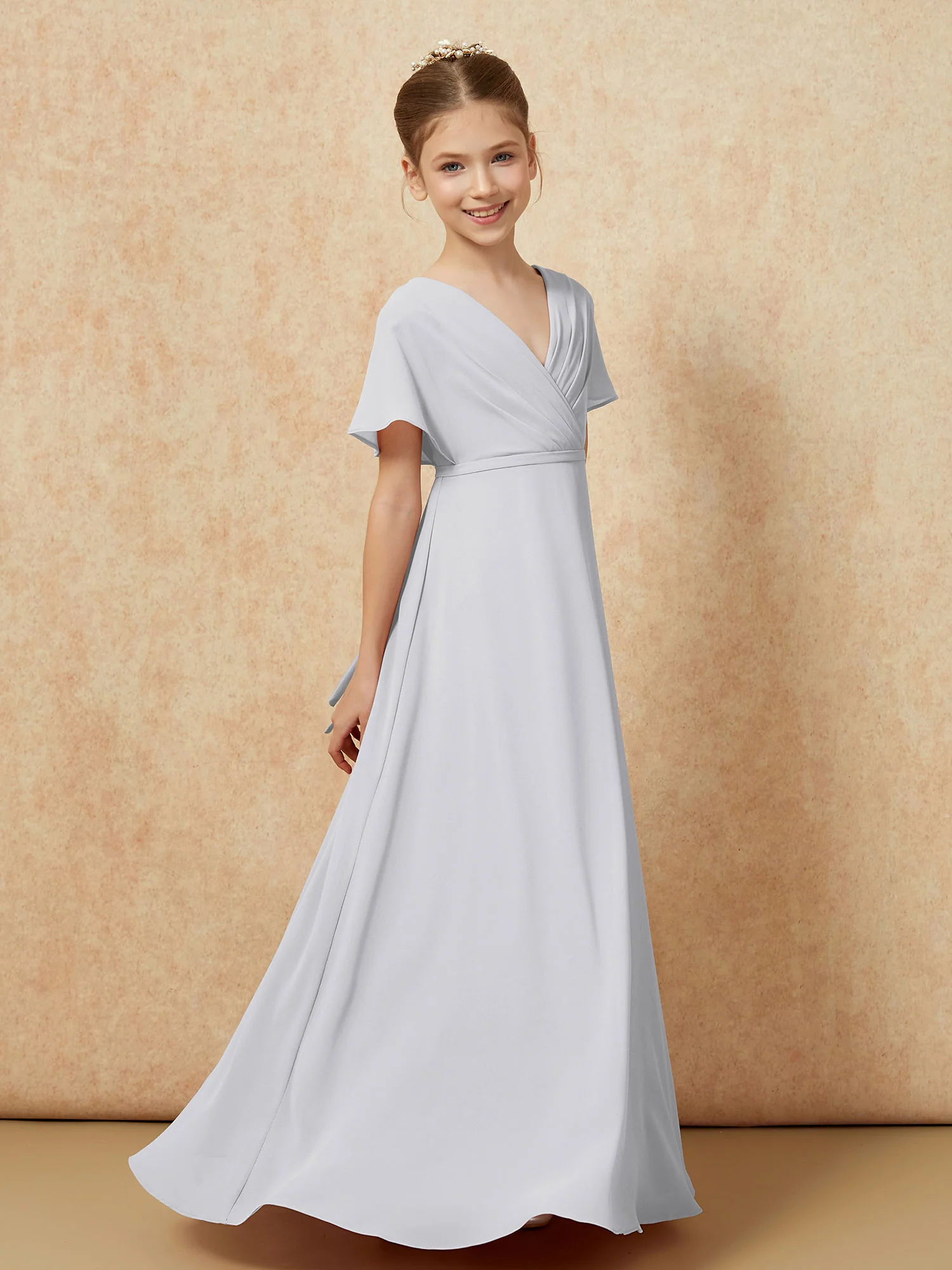 A-Line Flutter Sleeves Chiffon Junior Bridesmaid Dresses Silver - Image 3