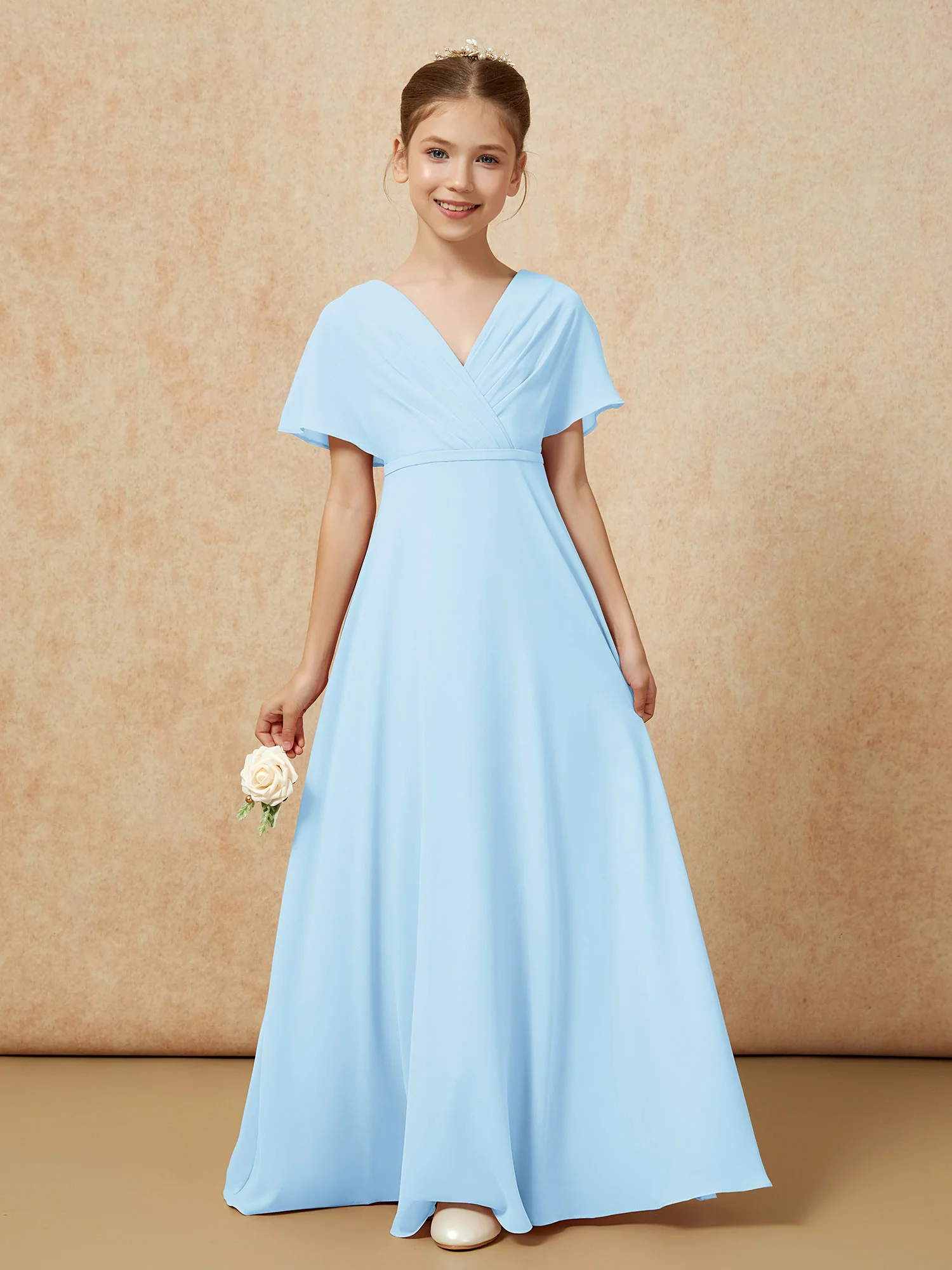 A-Line Flutter Sleeves Chiffon Junior Bridesmaid Dresses Sky Blue - Image 5