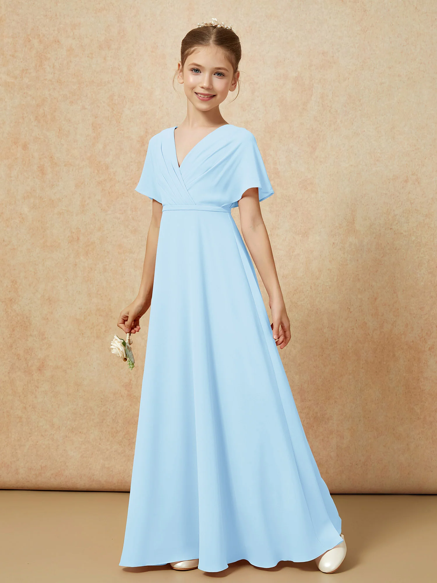 A-Line Flutter Sleeves Chiffon Junior Bridesmaid Dresses Sky Blue - Image 6
