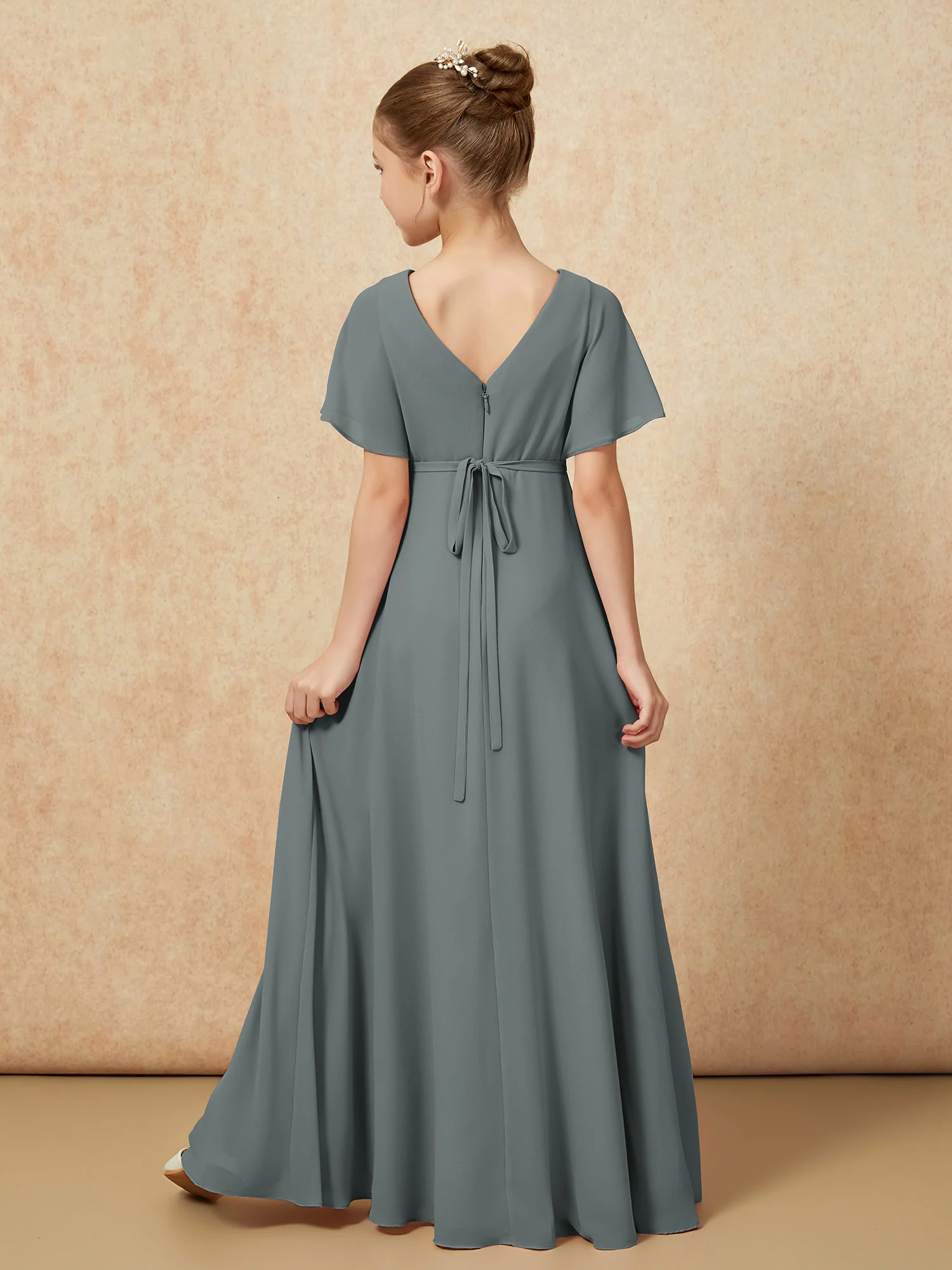 A-Line Flutter Sleeves Chiffon Junior Bridesmaid Dresses Steel Grey - Image 2