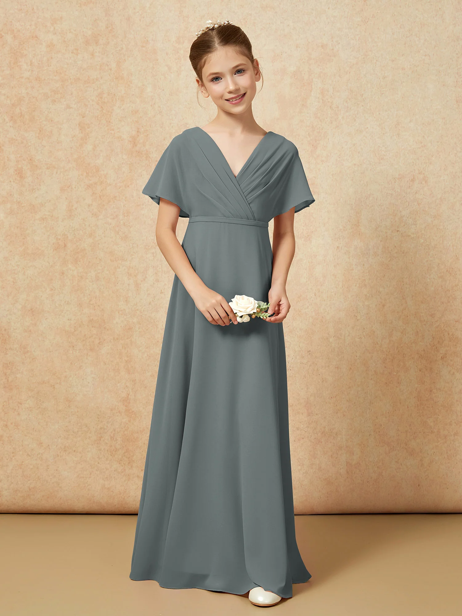 A-Line Flutter Sleeves Chiffon Junior Bridesmaid Dresses Steel Grey - Image 4