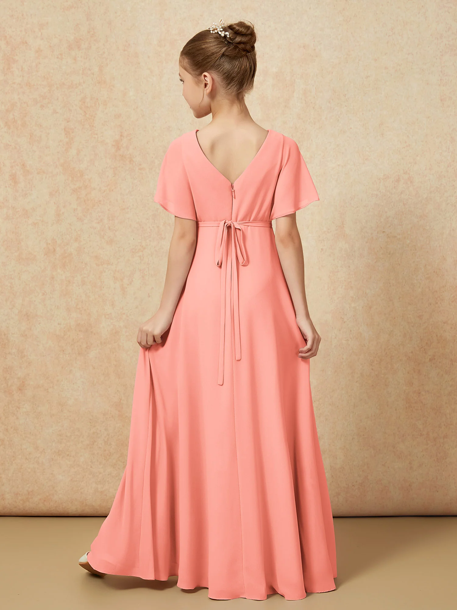 A-Line Flutter Sleeves Chiffon Junior Bridesmaid Dresses Sunset - Image 2