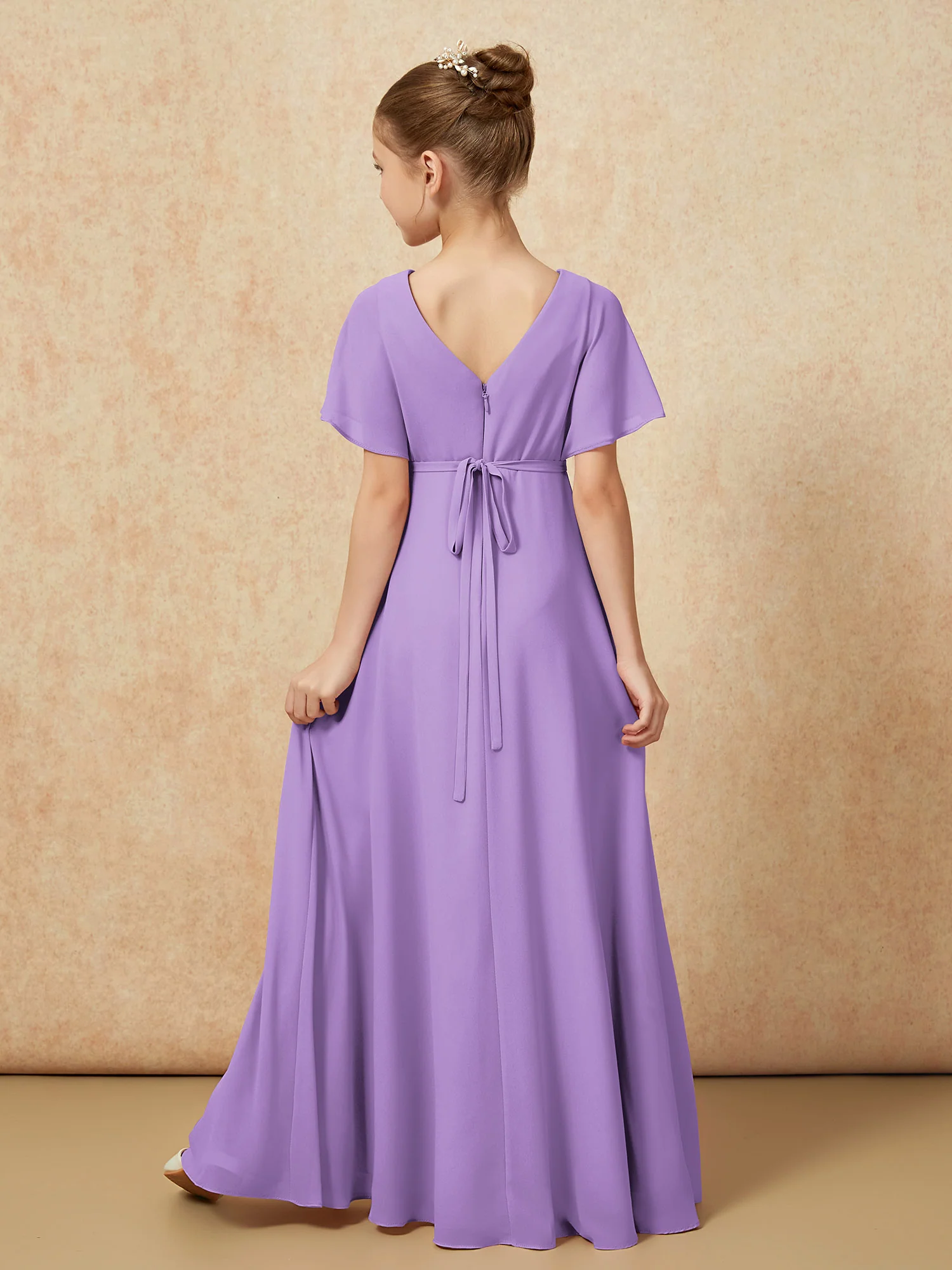 A-Line Flutter Sleeves Chiffon Junior Bridesmaid Dresses Tahiti - Image 2