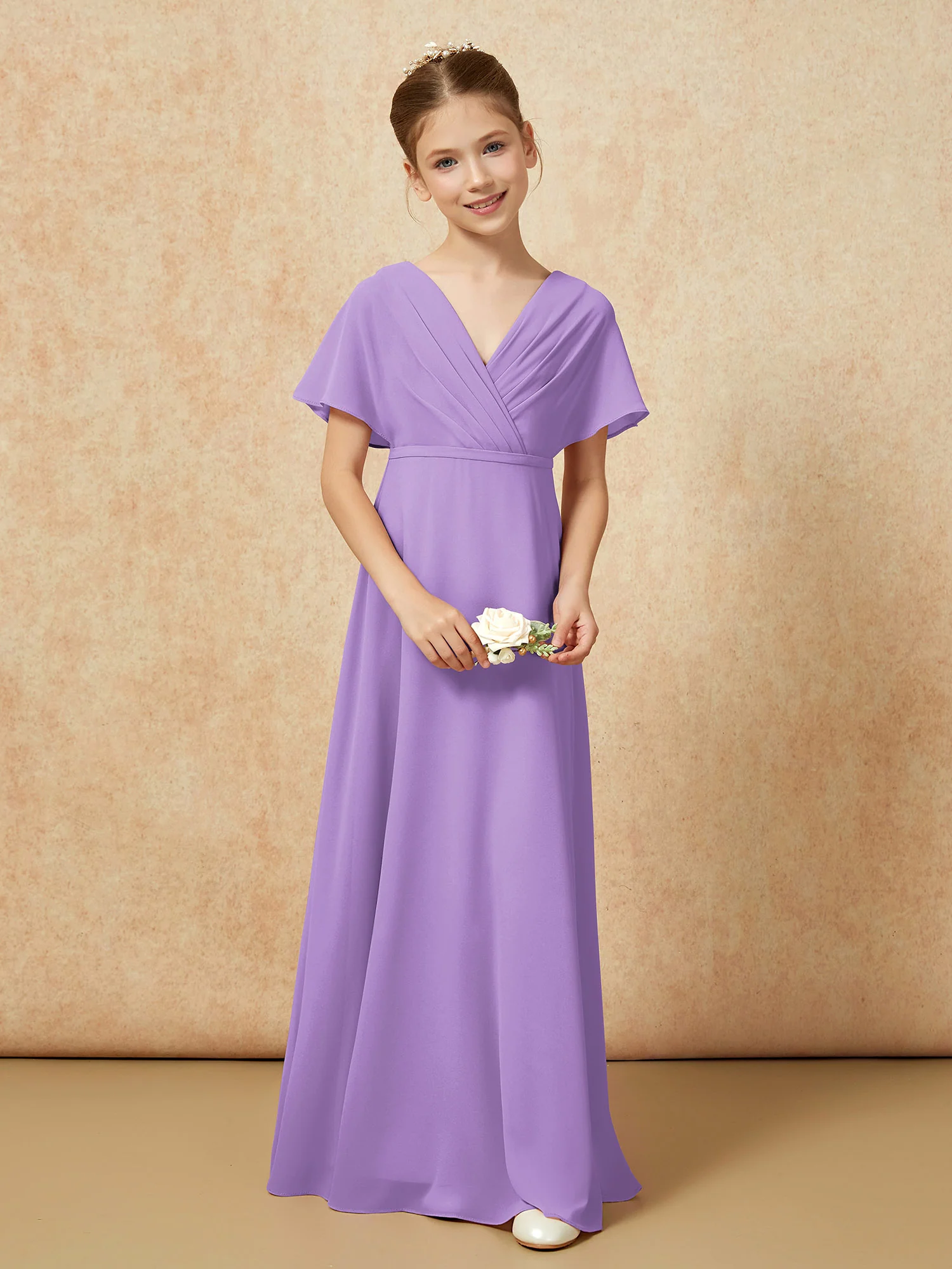A-Line Flutter Sleeves Chiffon Junior Bridesmaid Dresses Tahiti - Image 4