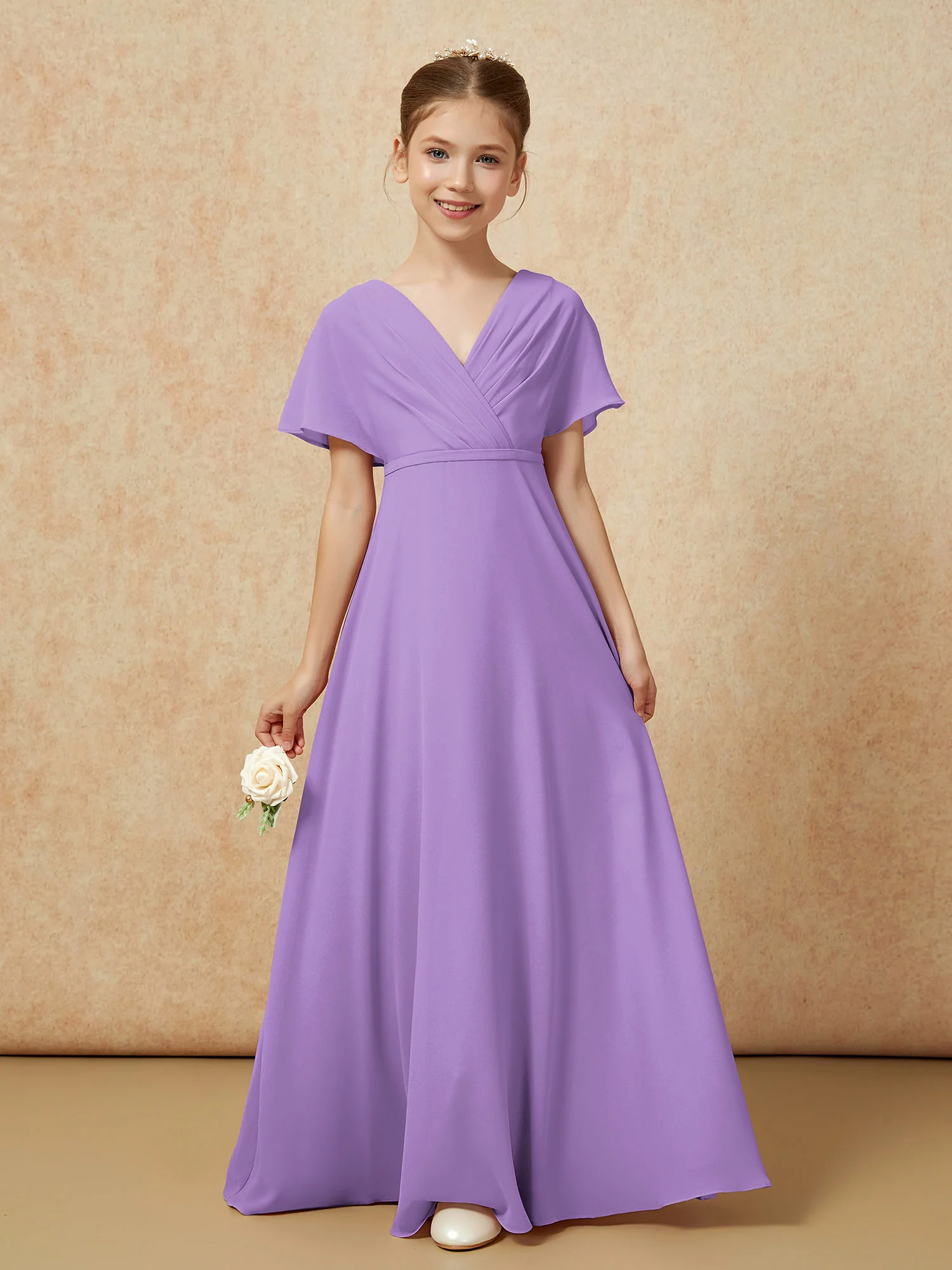 A-Line Flutter Sleeves Chiffon Junior Bridesmaid Dresses Tahiti - Image 5