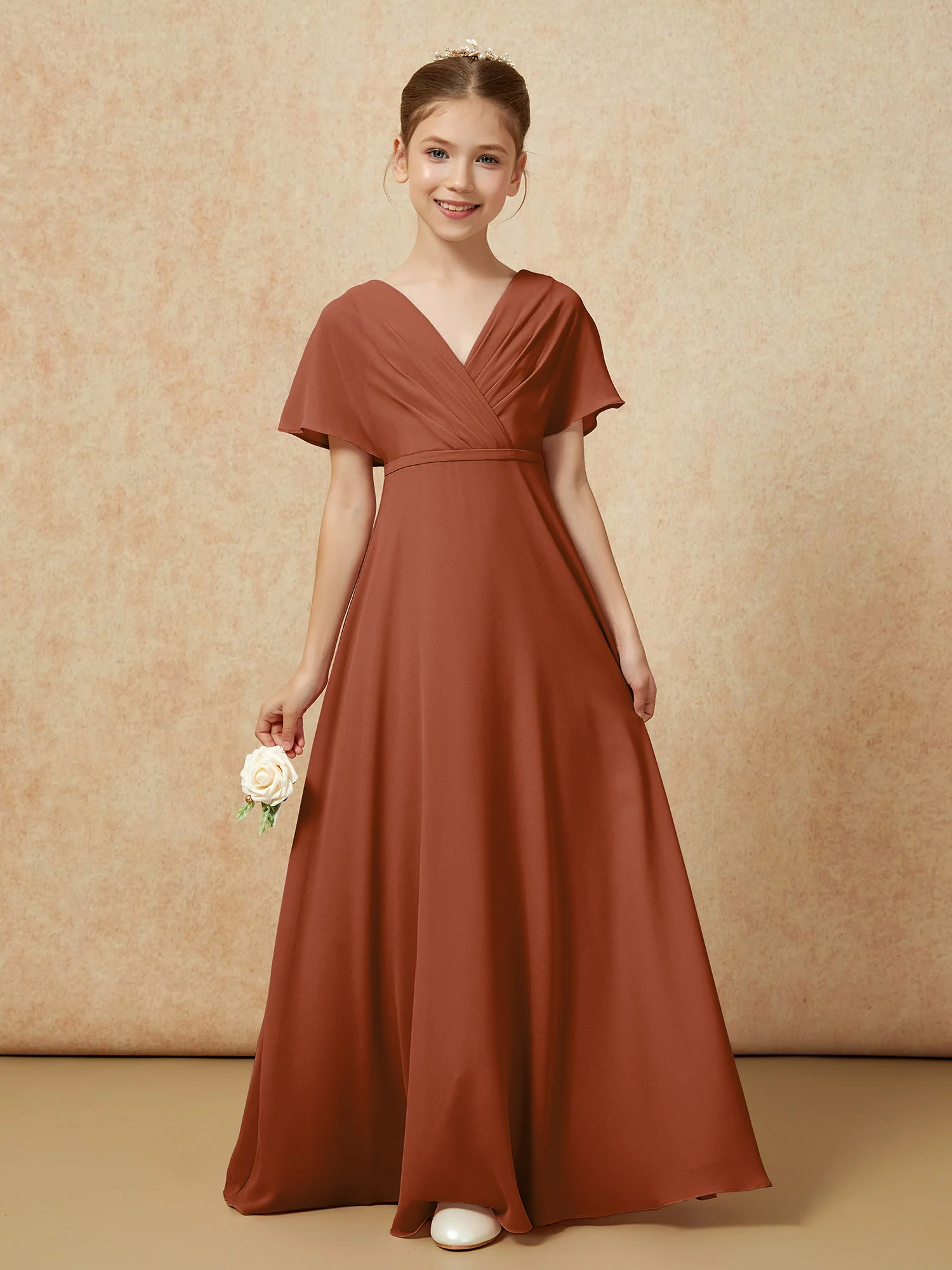 A-Line Flutter Sleeves Chiffon Junior Bridesmaid Dresses Terracotta - Image 5
